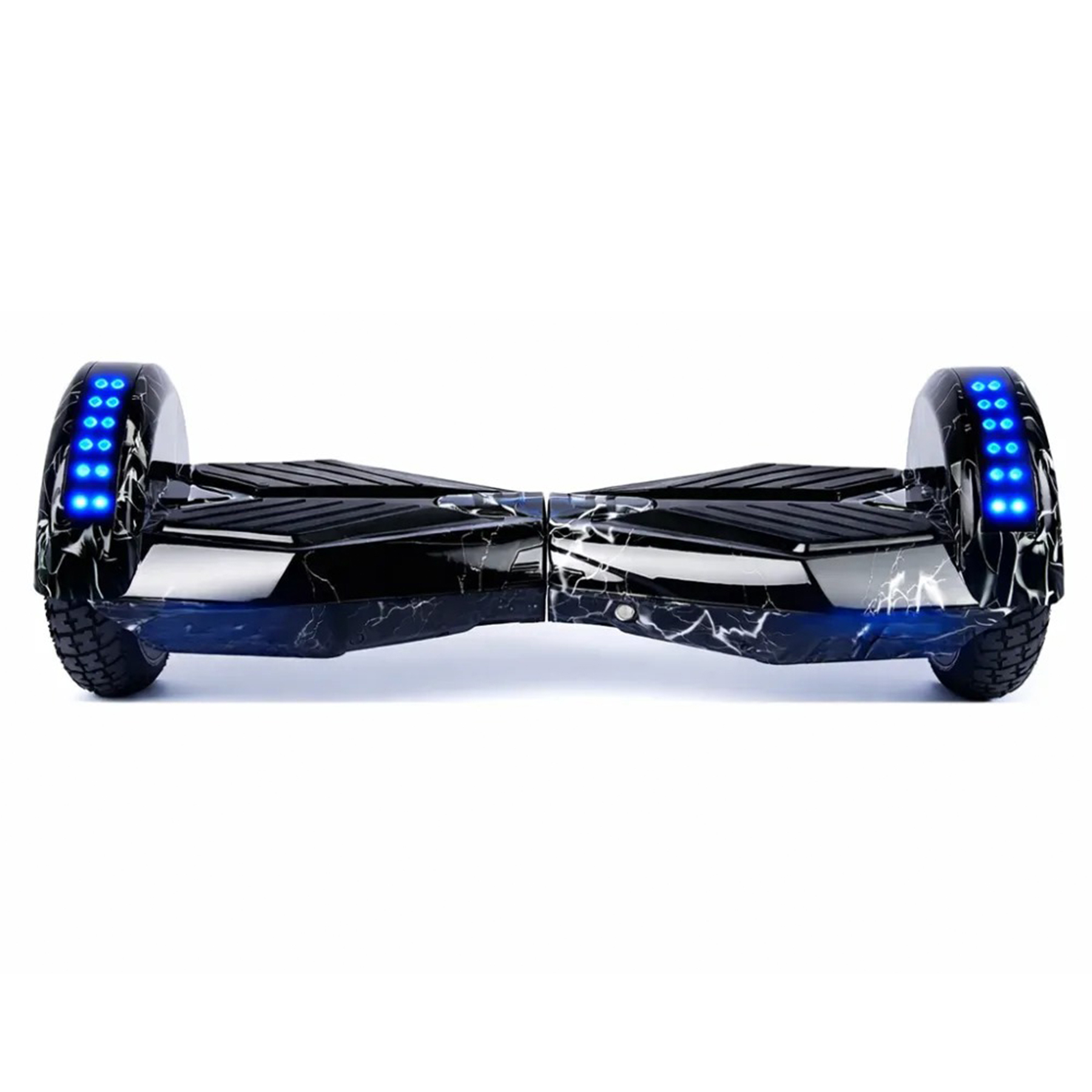 Şimşek desenli ve mavi LED'li siyah hoverboard.