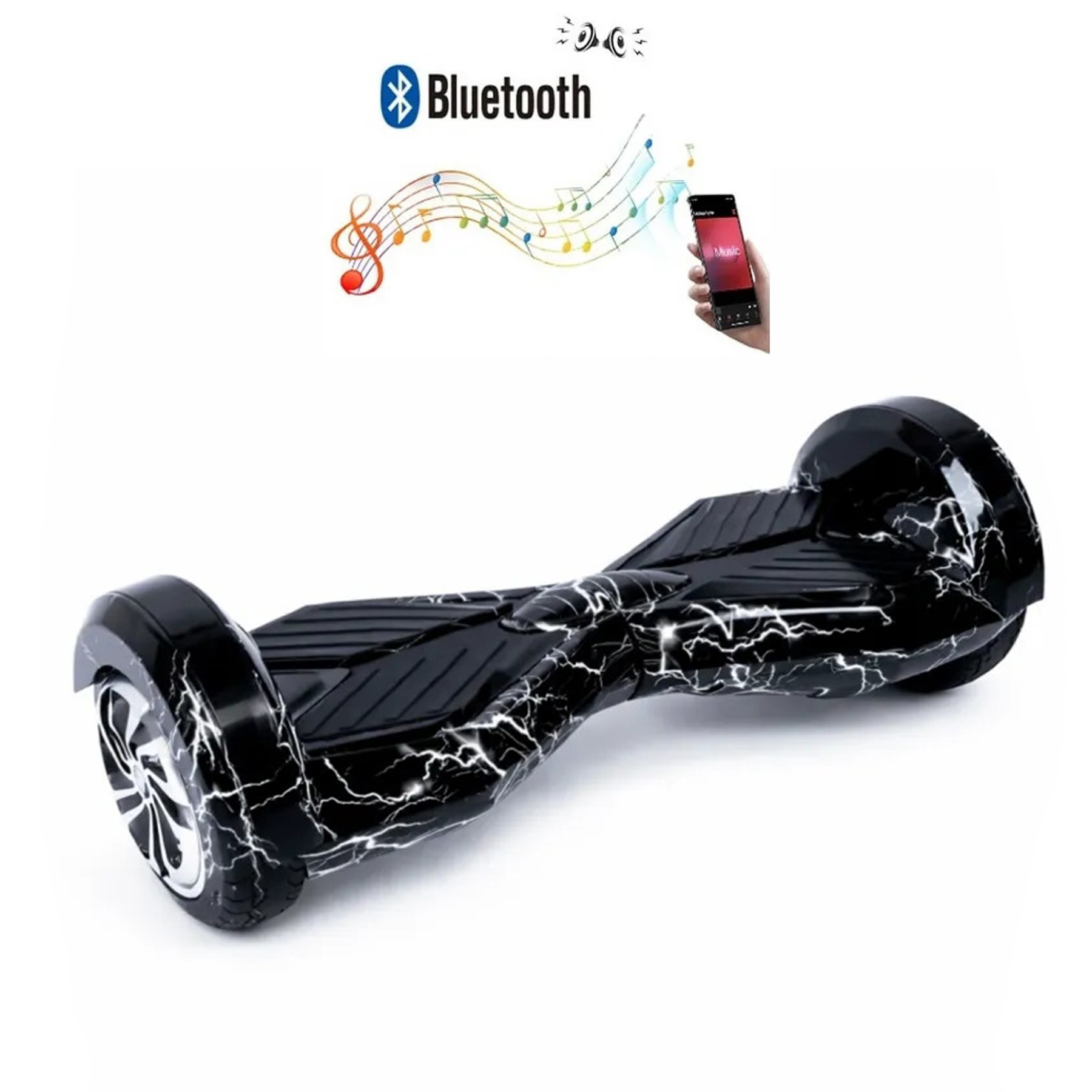 Bluetooth ile akıllı telefona bağlı, şimşek desenli siyah hoverboard.