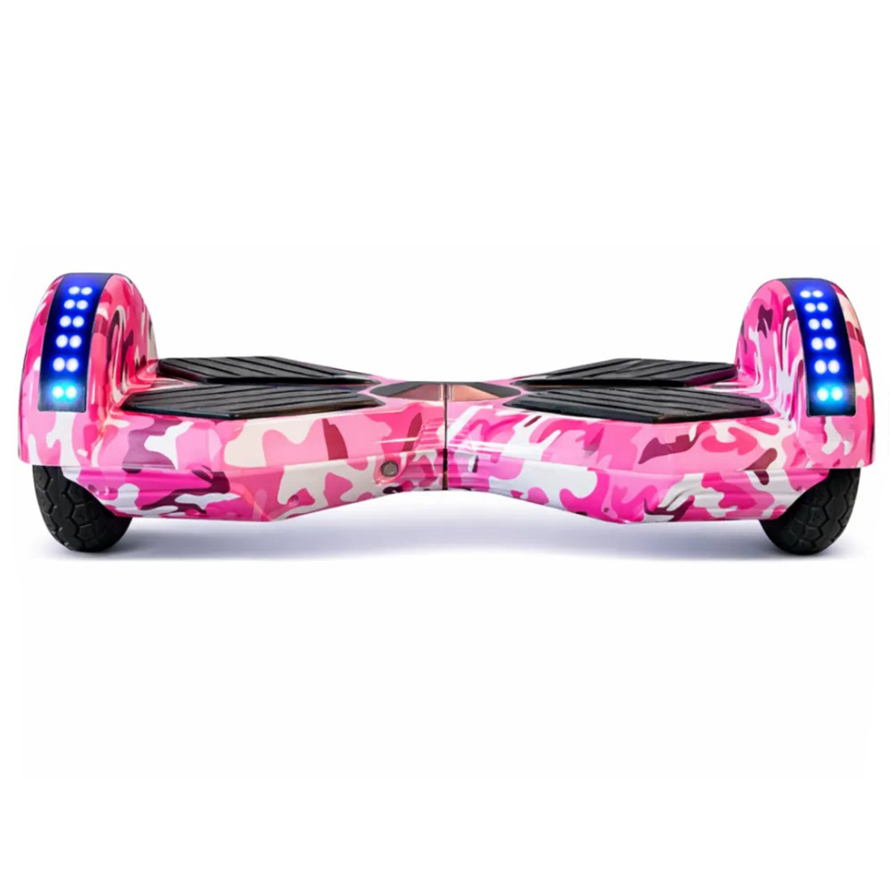Yanlarında mavi ışıkları olan pembe kamuflajlı hoverboard.