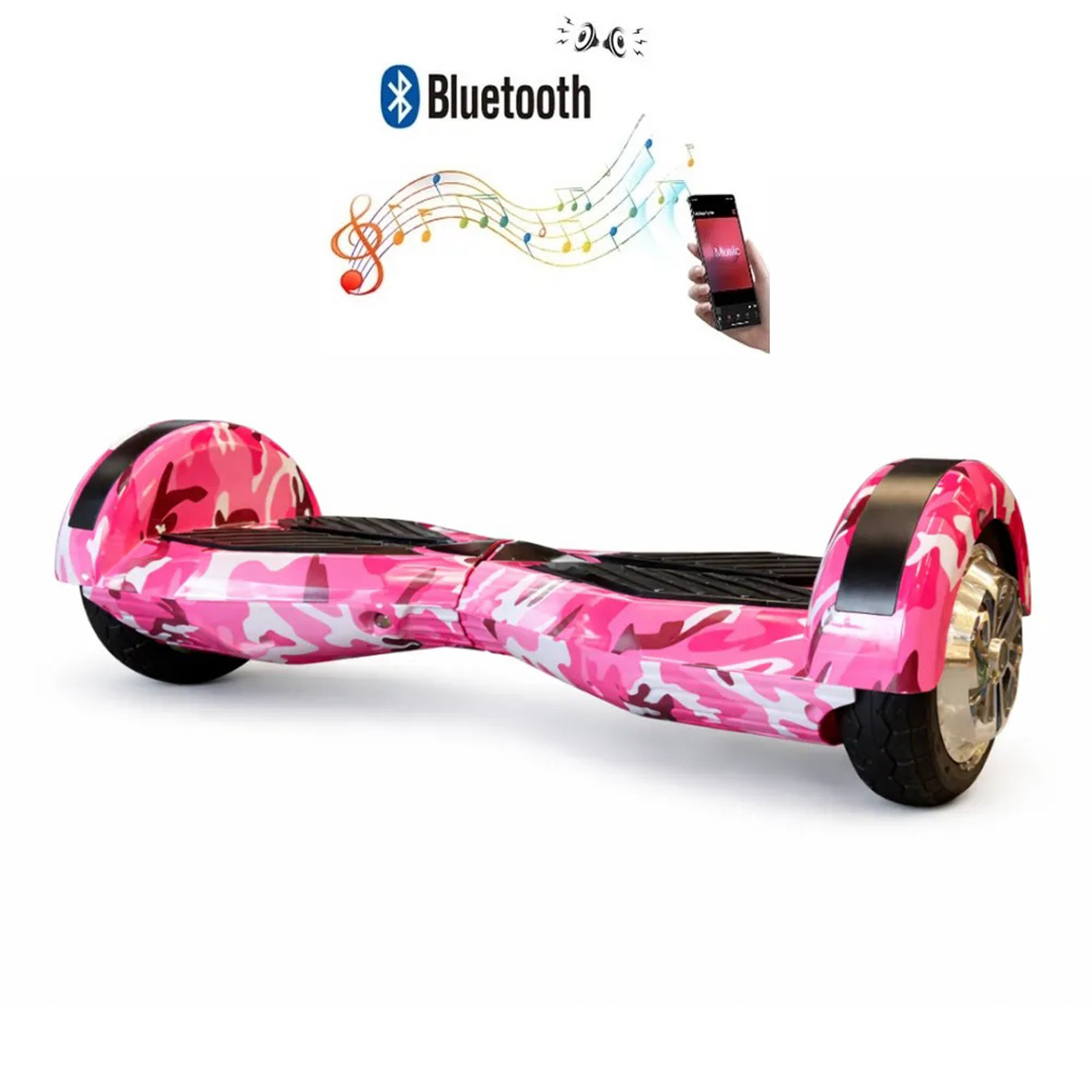 Pembe kamuflajlı hoverboard, Bluetooth müzik sembolleri ve elde bir akıllı telefon.