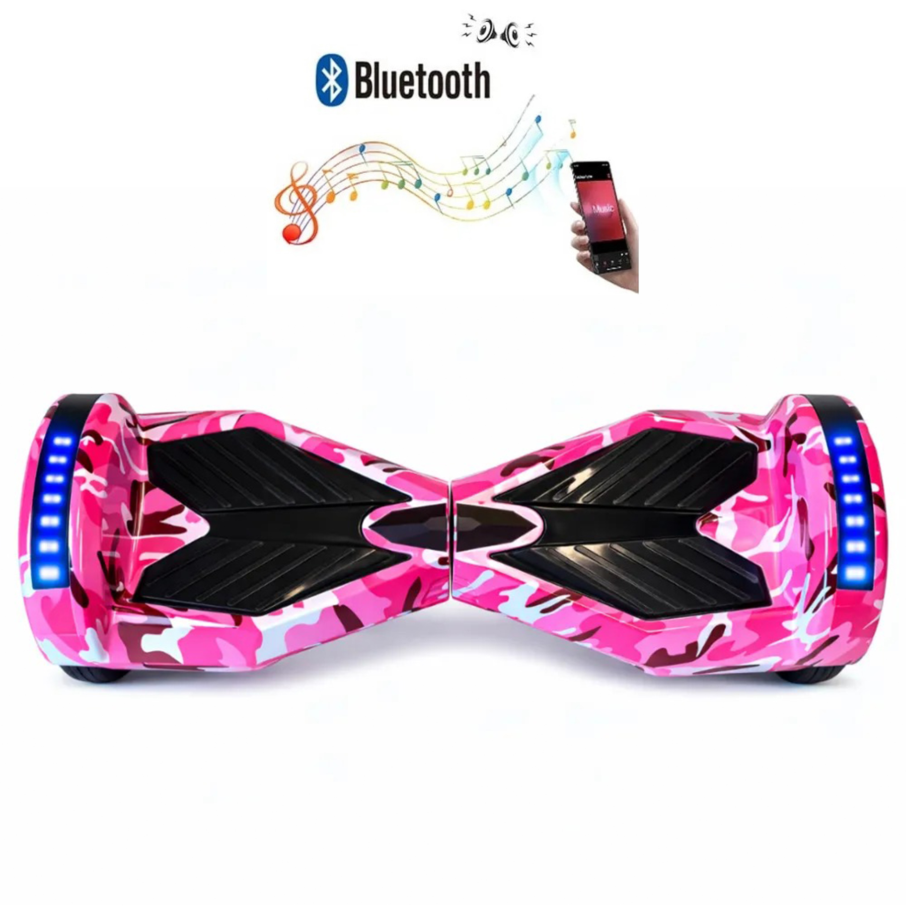 Mavi ışıklı pembe kamuflaj desenli hoverboard.
