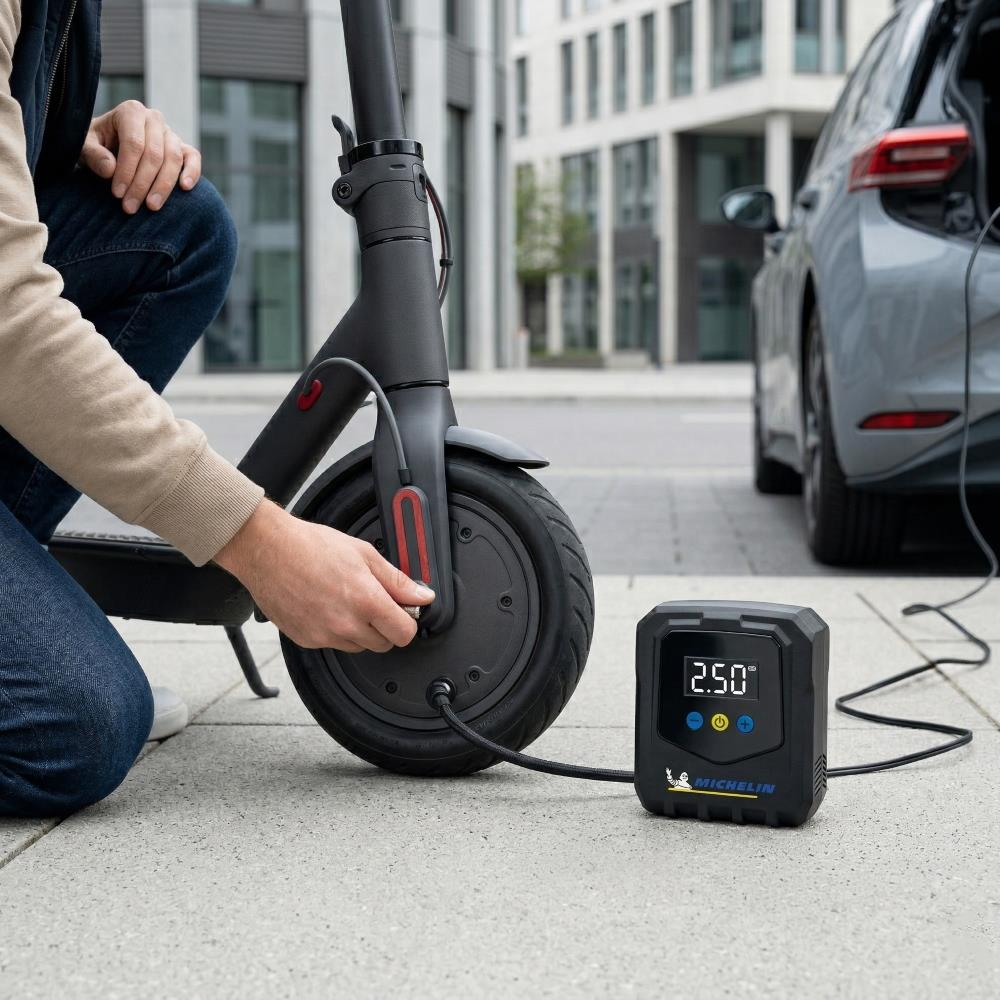 Adam Michelin pompa ile elektrikli scooter lastiğini şişiriyor. Arkada araba var.