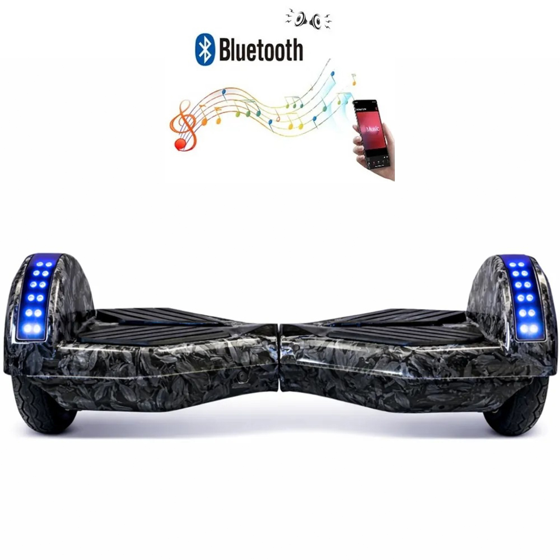 Bluetooth ile bağlı, mavi ışıklı siyah hoverboard ve müzik notaları.