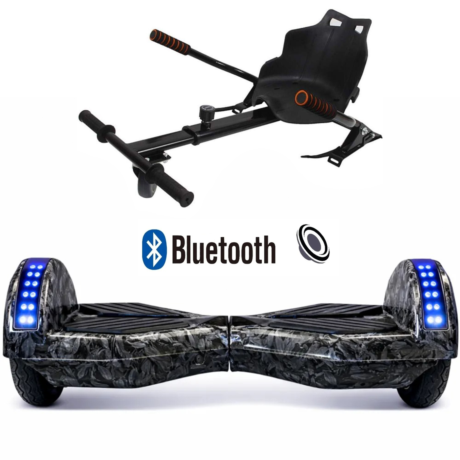 Mavi ışıklı siyah hoverboard ve siyah hoverboard koltuk aparatı.