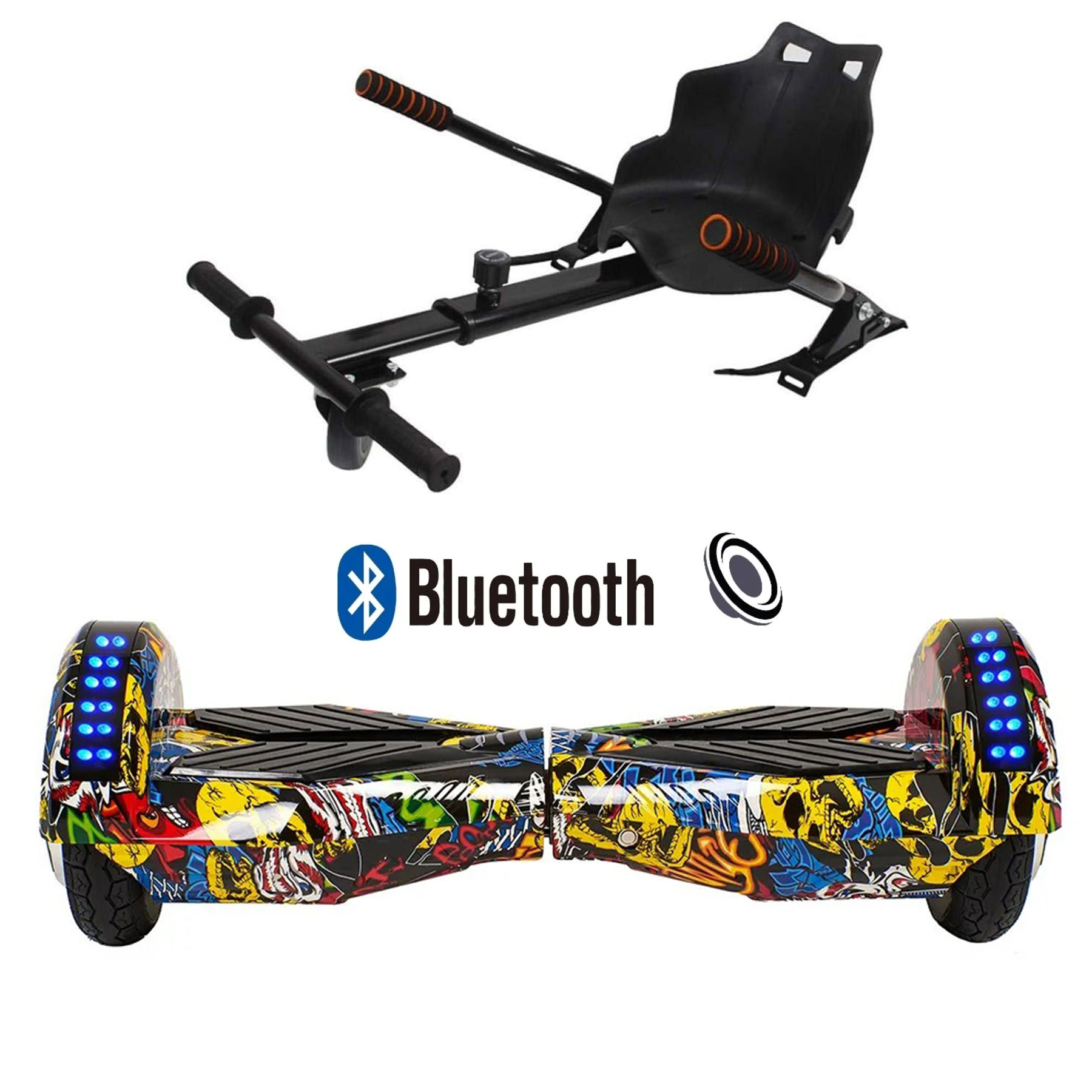 Graffiti tasarımlı bir hoverboard ve ona bağlı bir go-kart aparatı.
