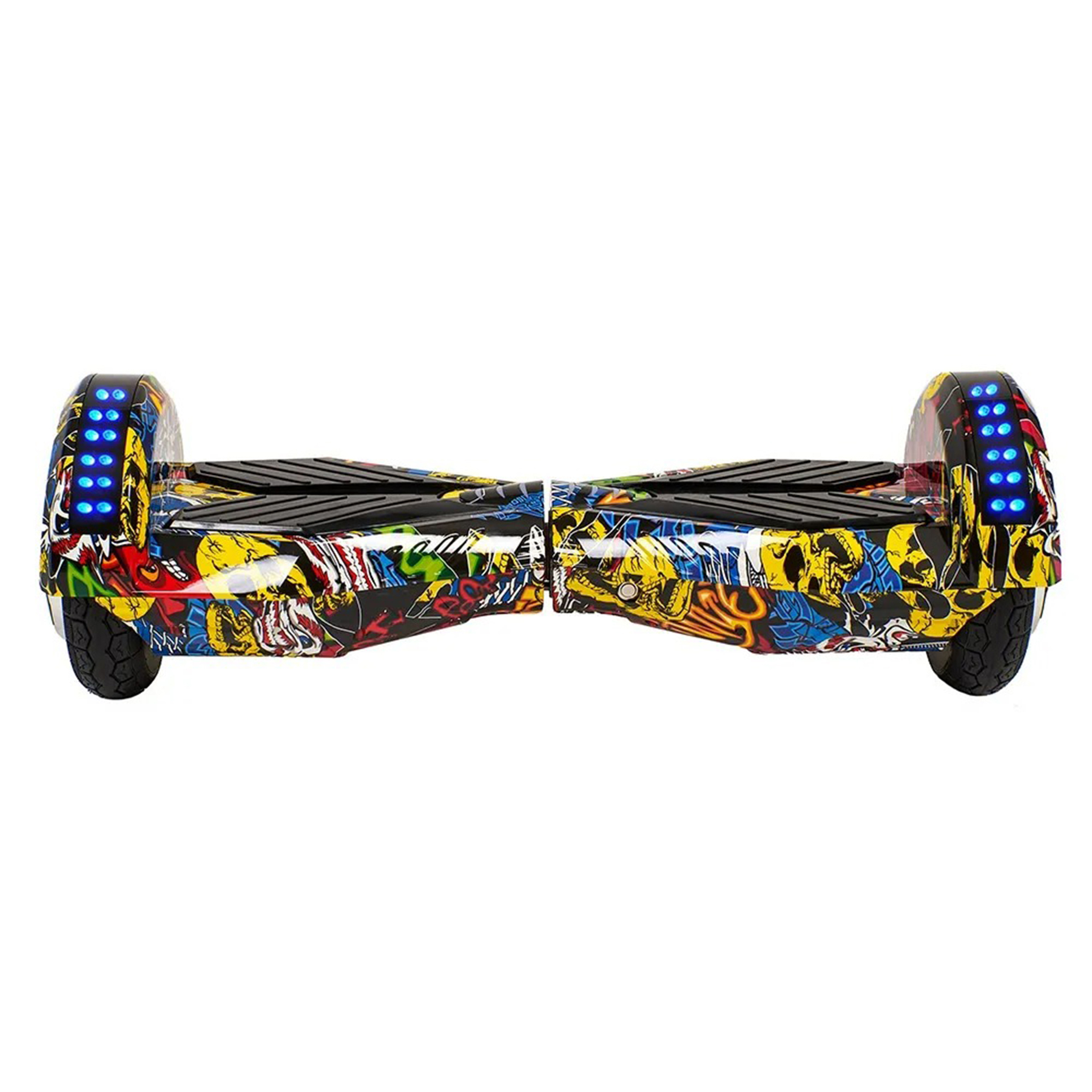 Renkli, grafiti desenli ve mavi ışıklı bir hoverboard.