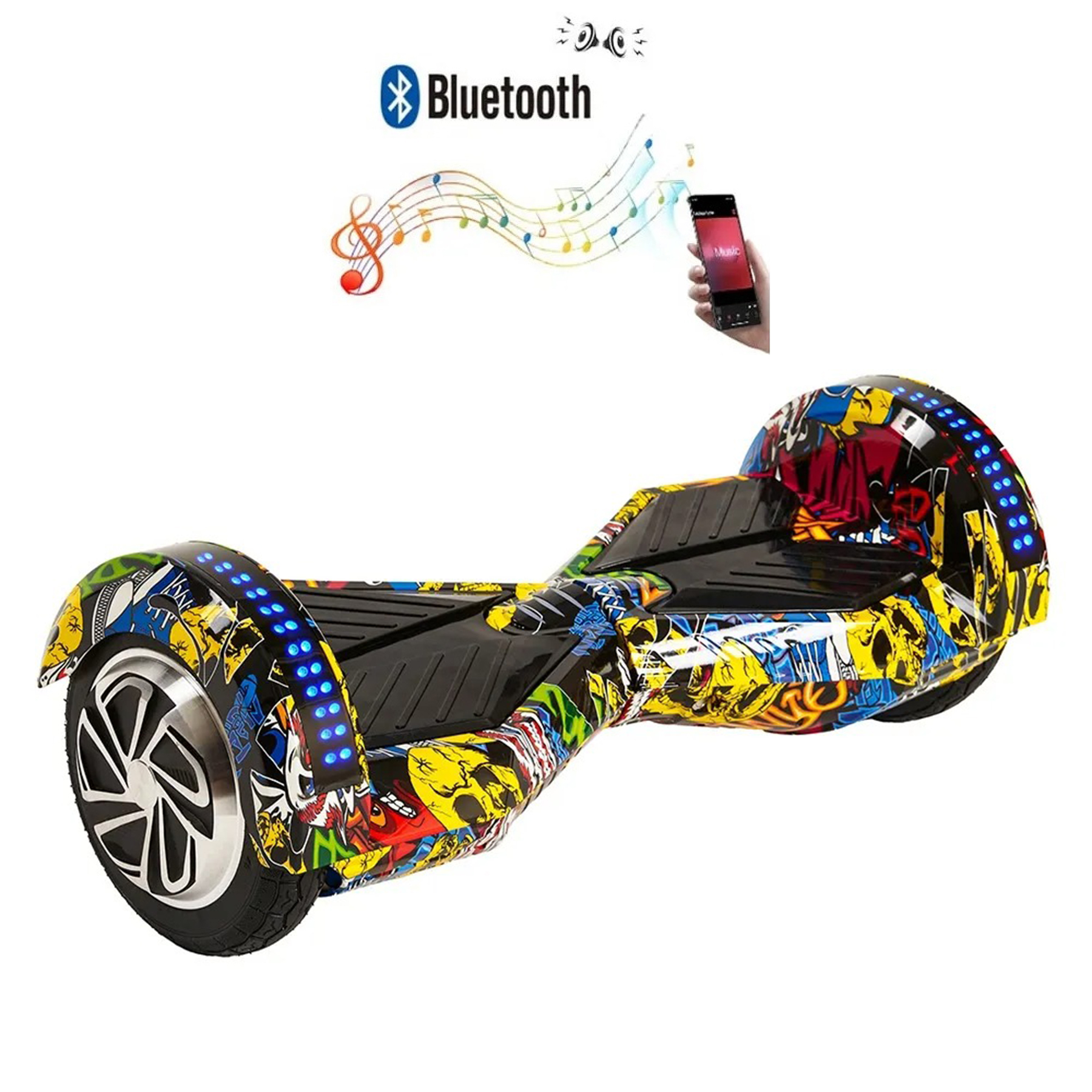 Graffiti desenli ve mavi LED ışıklı hoverboard, bir akıllı telefona bağlı.
