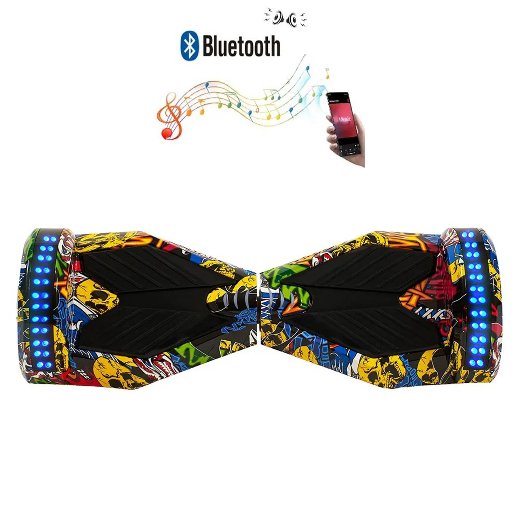 Kurukafa grafikleri ve mavi LED ışıklarla renkli bir hoverboard. Üstte Bluetooth müzik simgesi.