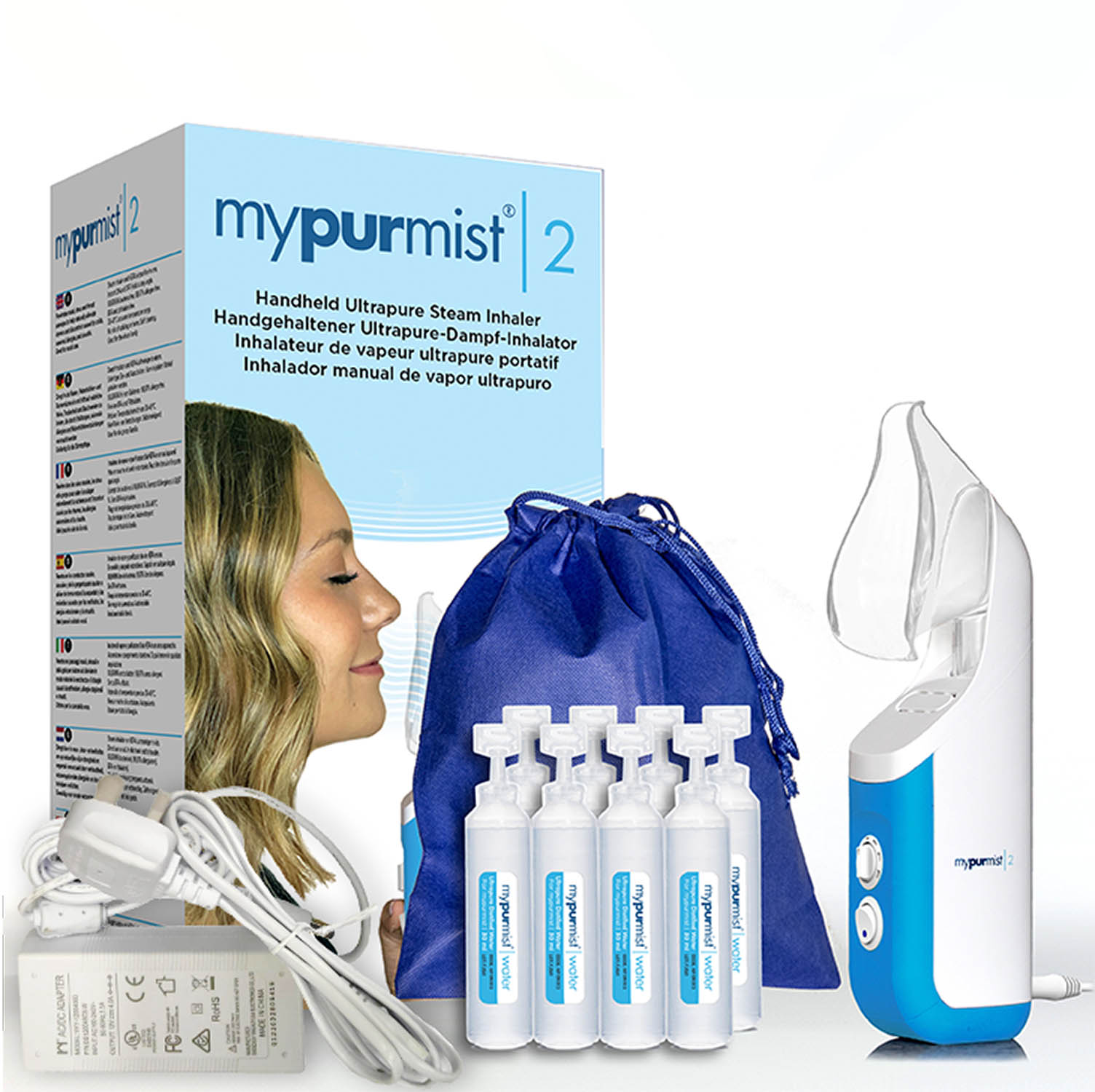 MyPurmist 2 steam inhaler with accessories: inhaler, 6 vials, bag, charger.