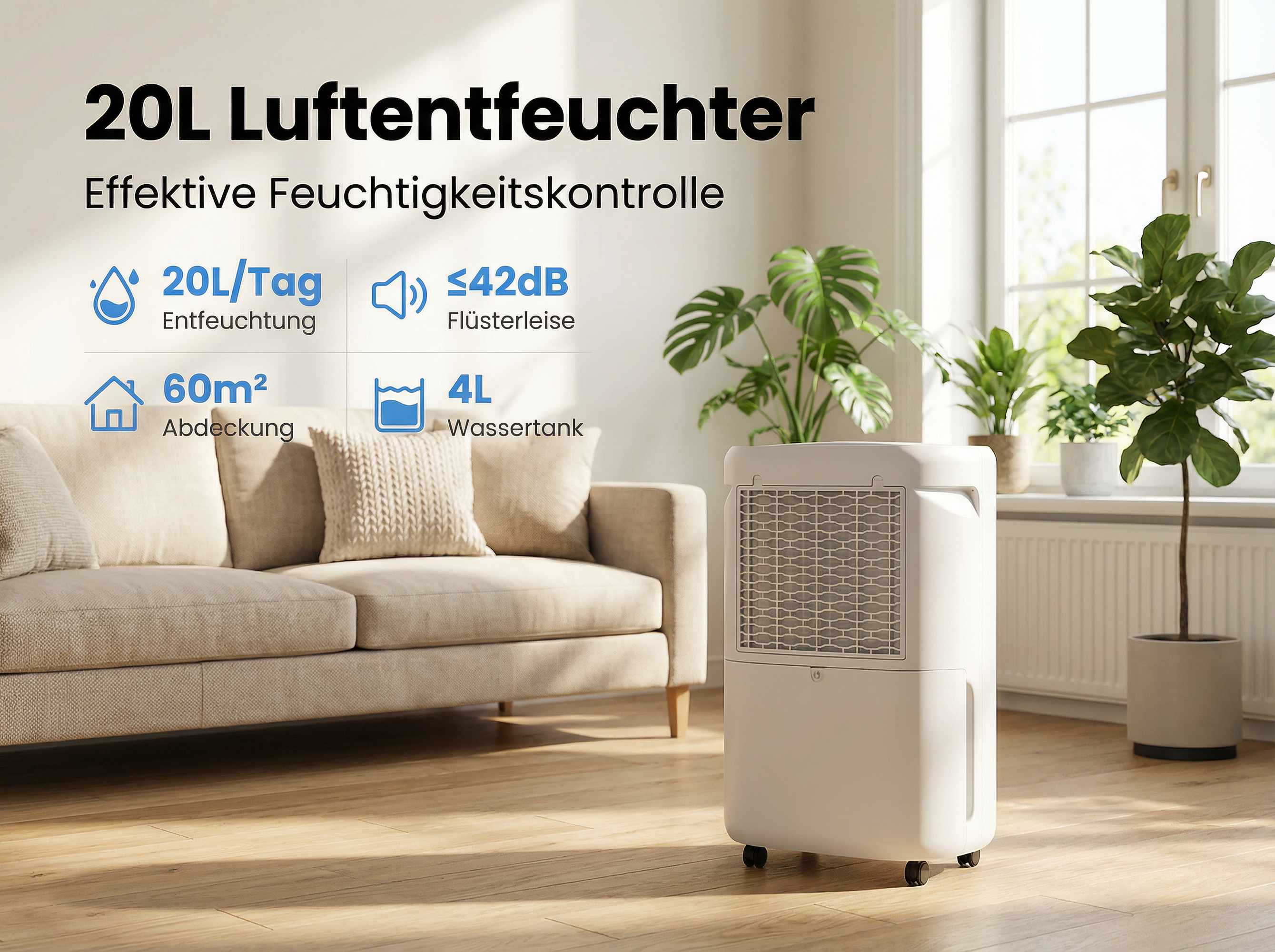 Ein weißer Luftentfeuchter steht neben einem Sofa, Pflanzen und einem Fenster.