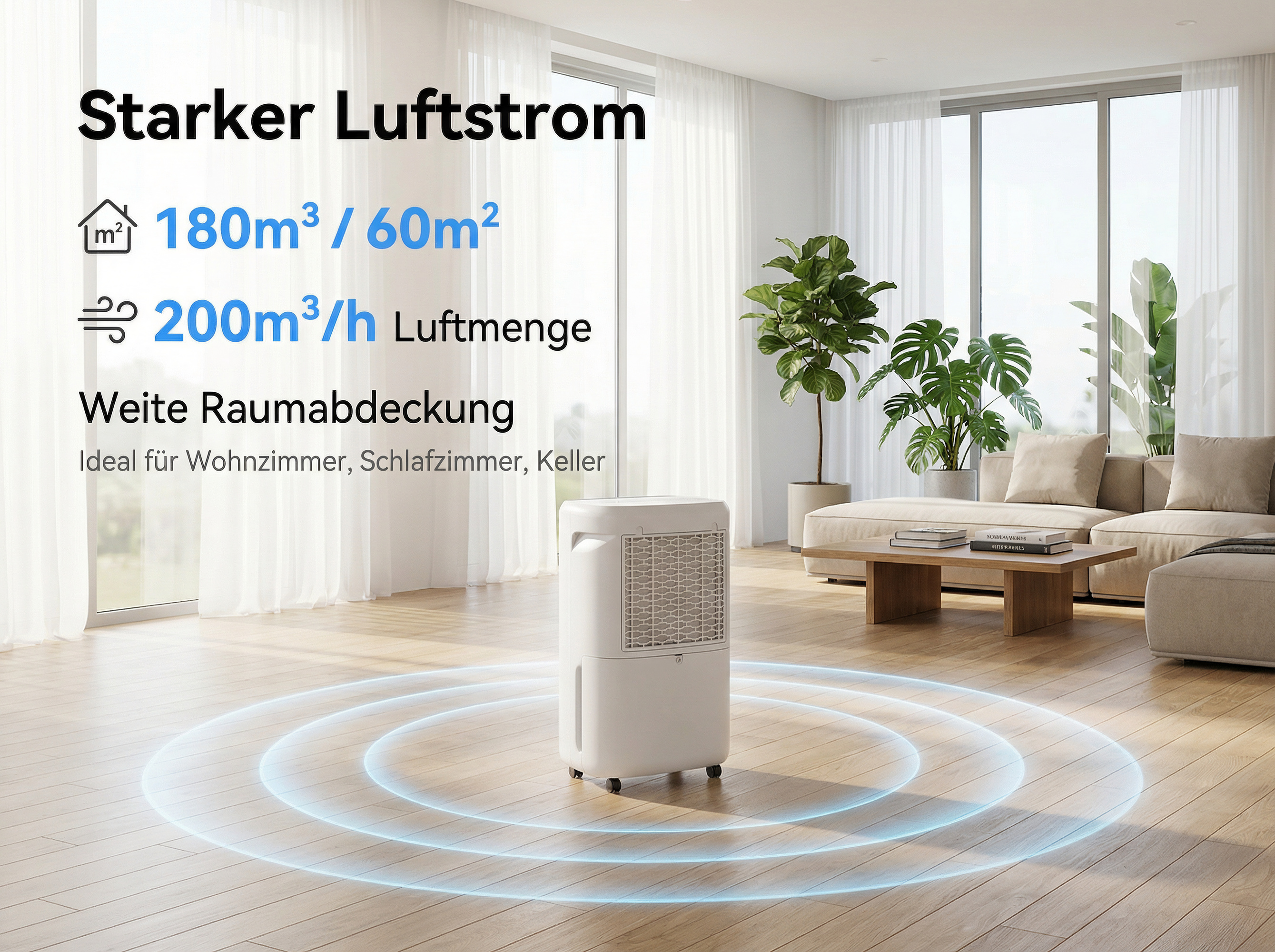 Weißer Luftentfeuchter in einem modernen Wohnzimmer mit Pflanzen und Sofa.