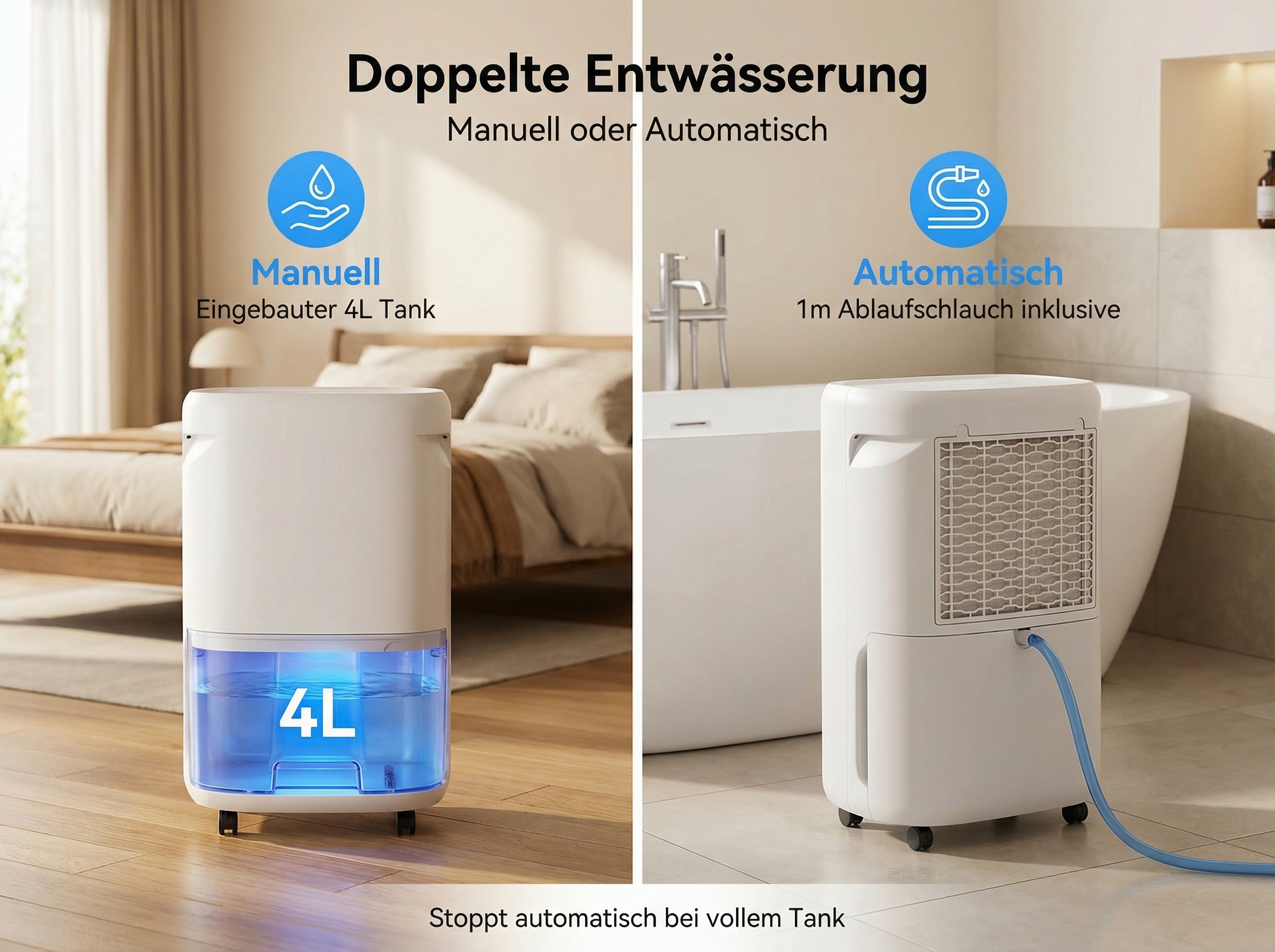 Zwei Entwässerungsmodi: Manueller 4L Tank oder automatischer Schlauch.
