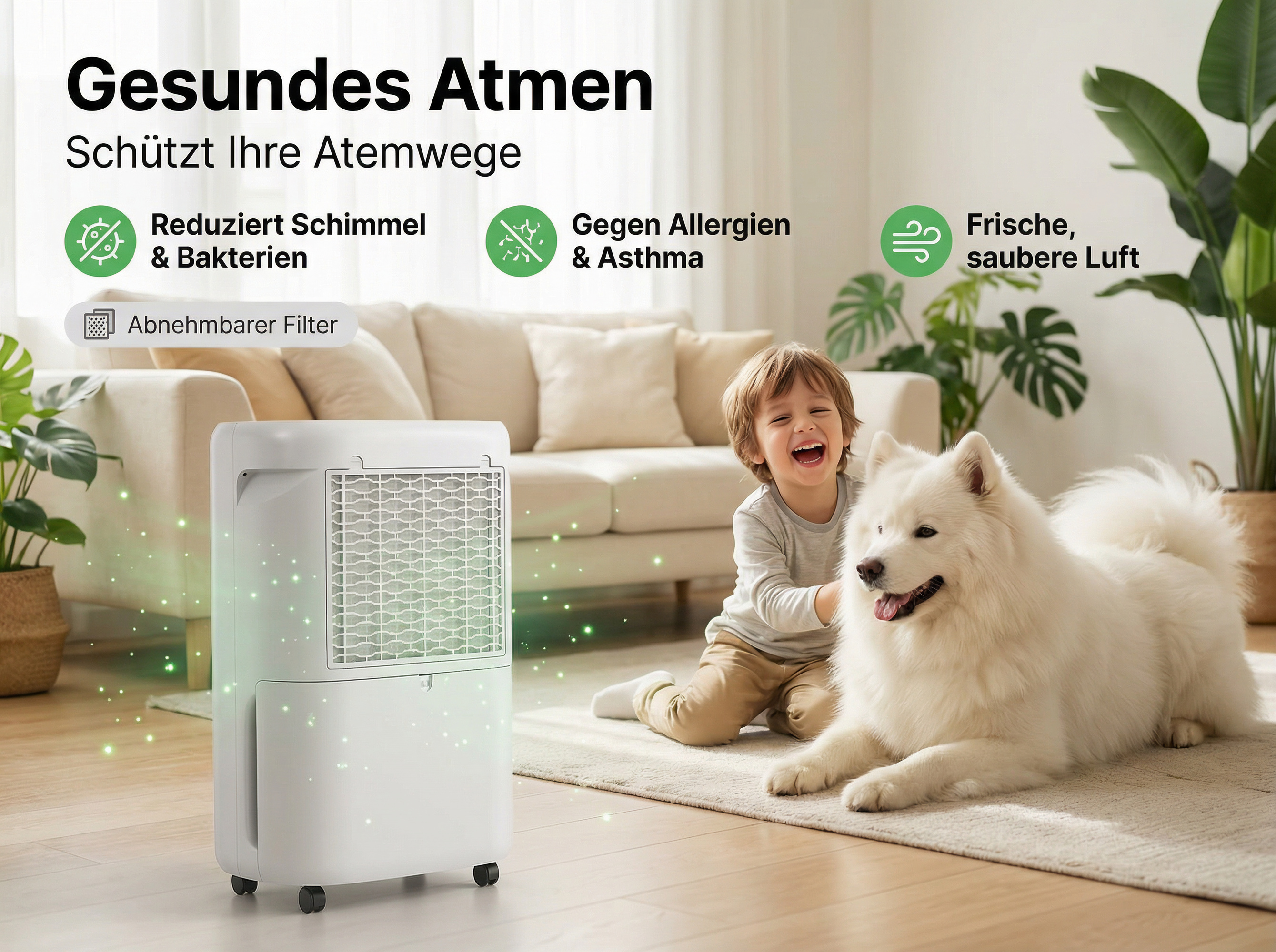 Luftreiniger im Wohnzimmer mit lächelndem Jungen und Hund. Text über gesunde Luft.