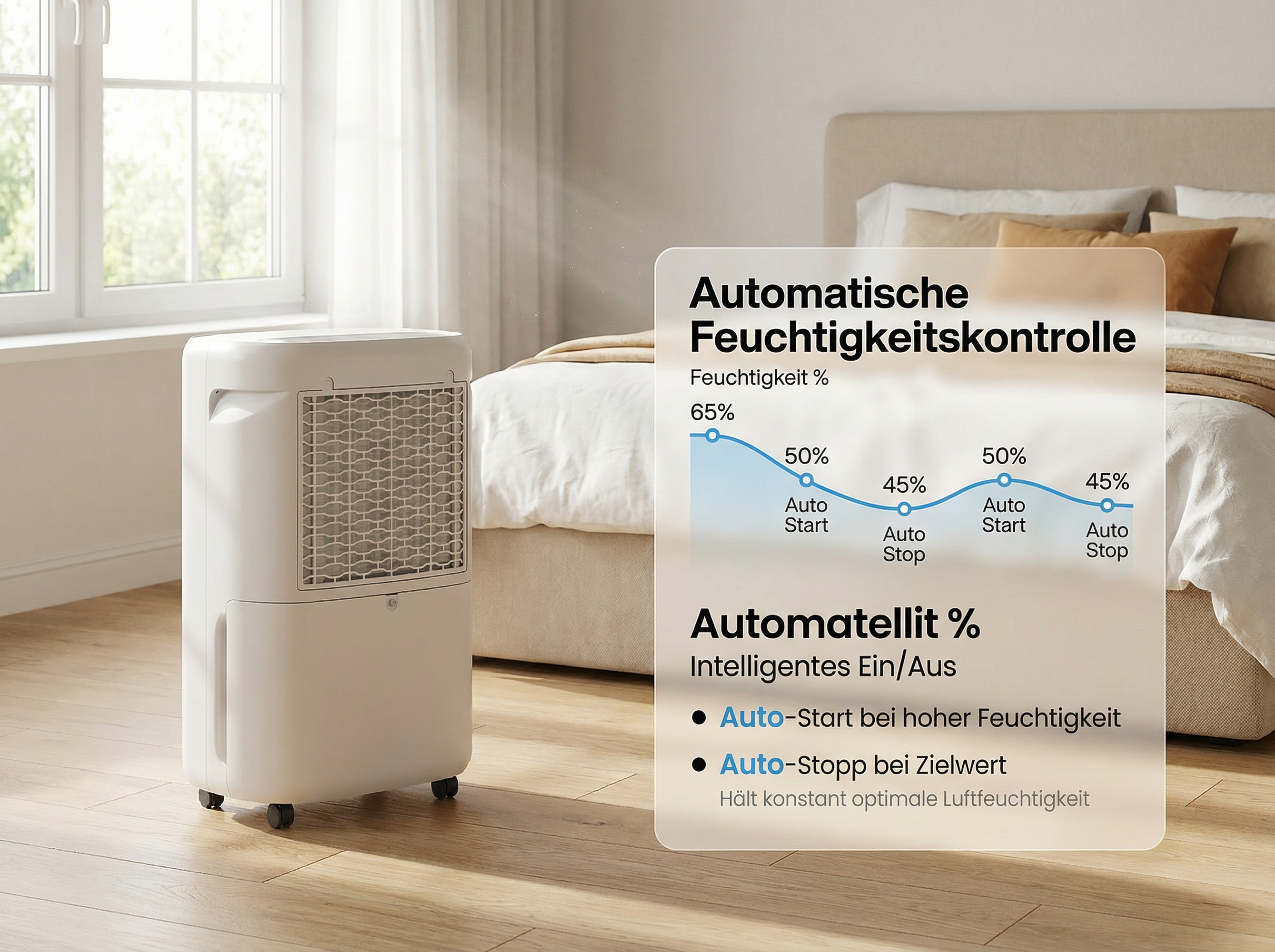 Ein weißer Luftentfeuchter steht neben einem Bett. Ein Diagramm zeigt die automatische Feuchtigkeitskontrolle.