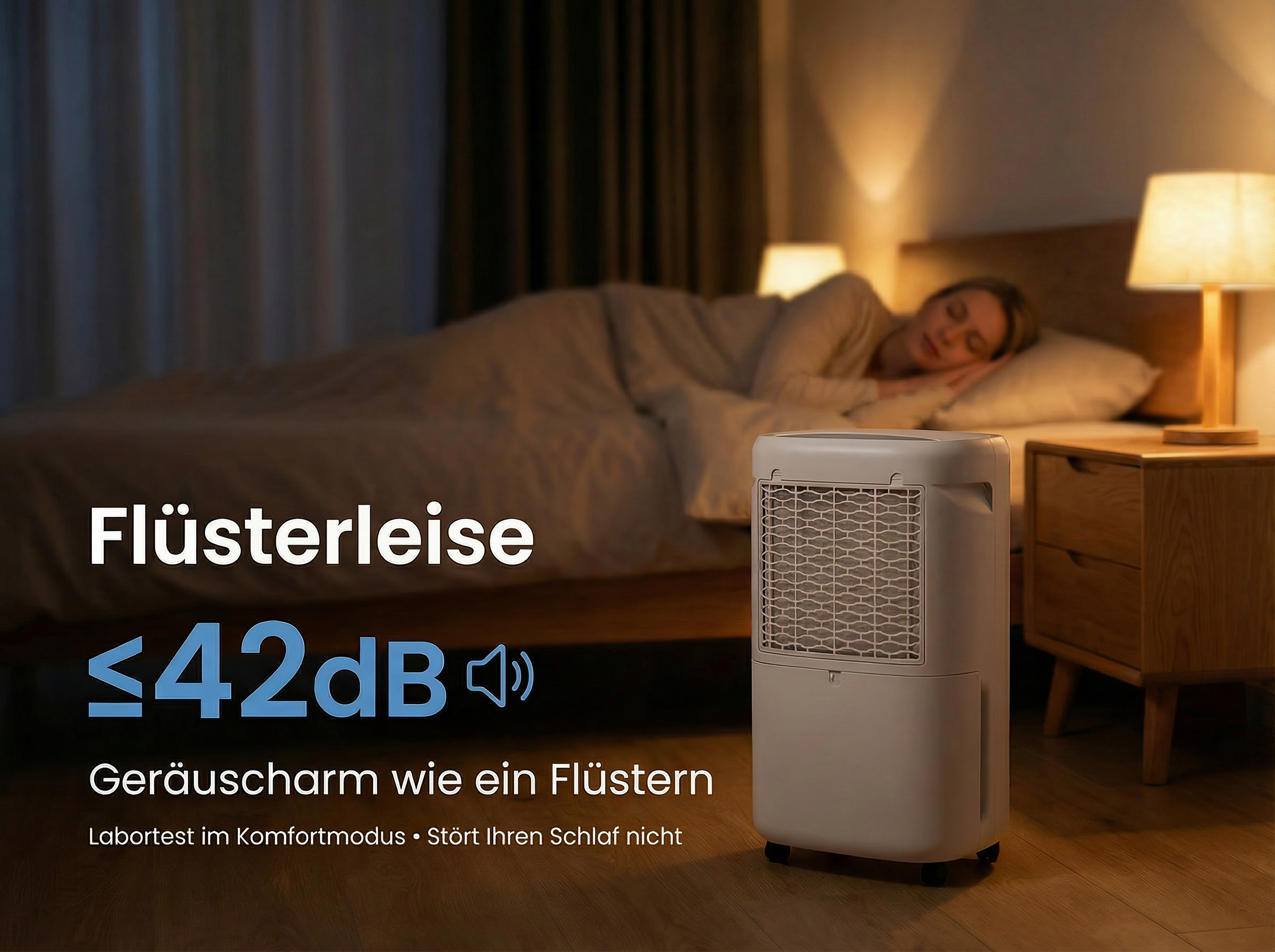 Ein leiser Luftentfeuchter steht neben einem Bett, auf dem eine Frau schläft.
