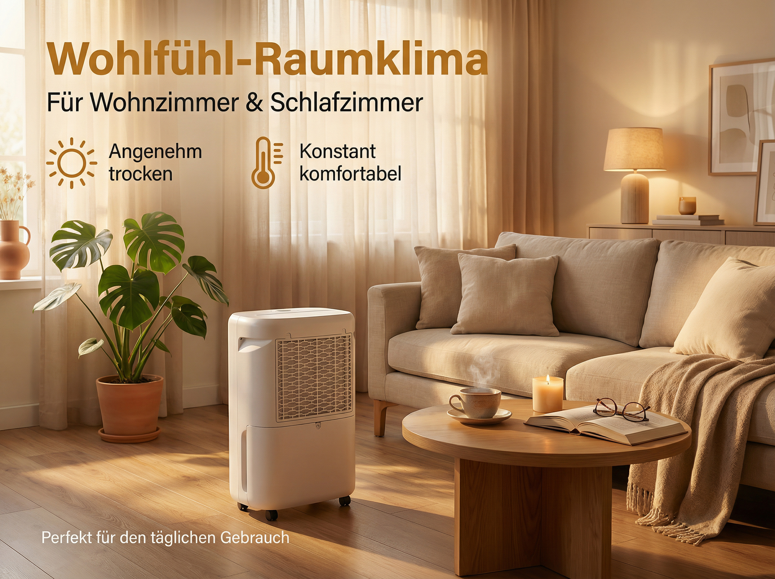 Ein weißer Luftentfeuchter steht neben einer Monstera-Pflanze in einem Wohnzimmer.