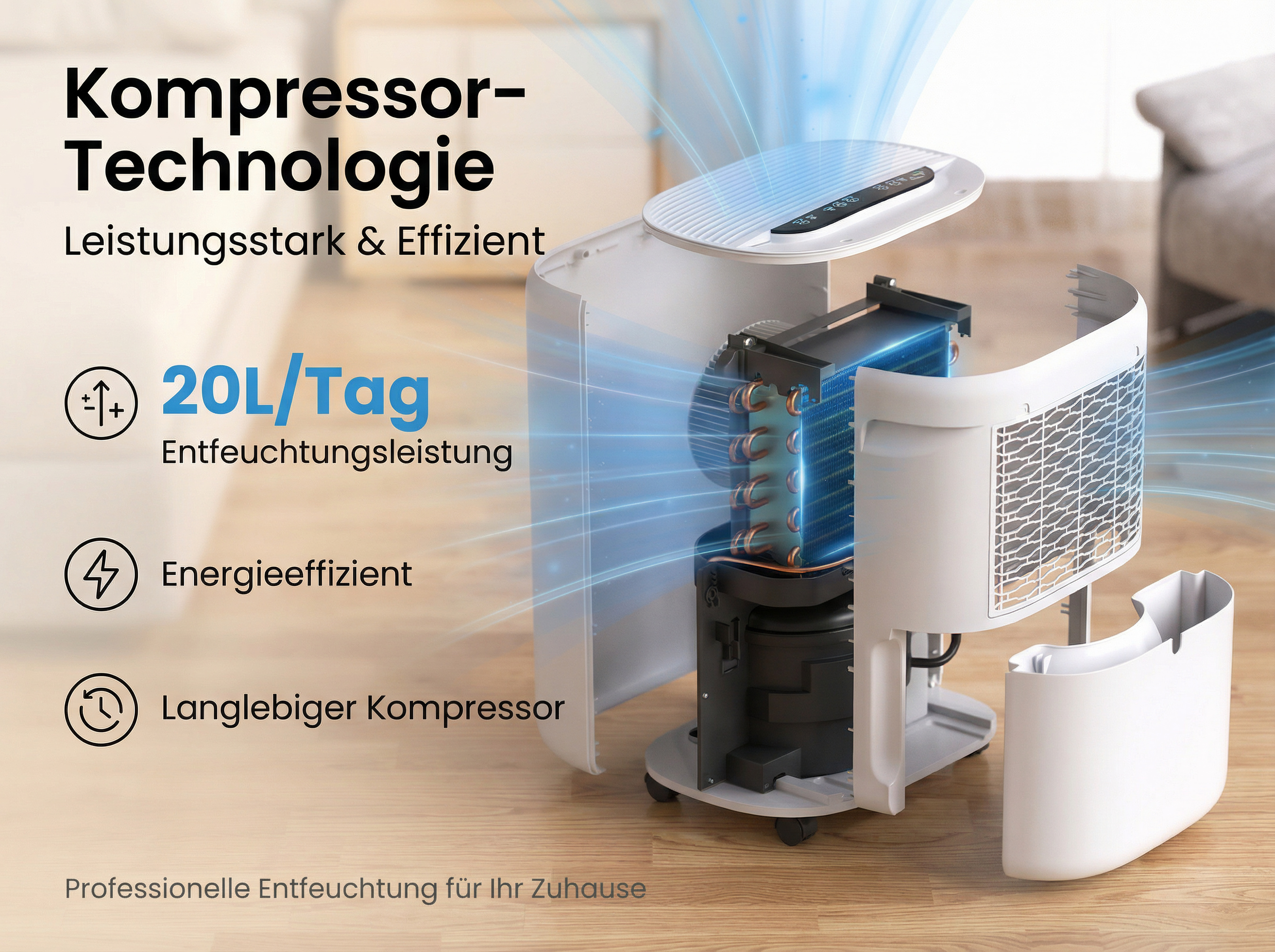 Ein weißer Luftentfeuchter mit geöffnetem Gehäuse zeigt den Kompressor und die Kühlrippen.