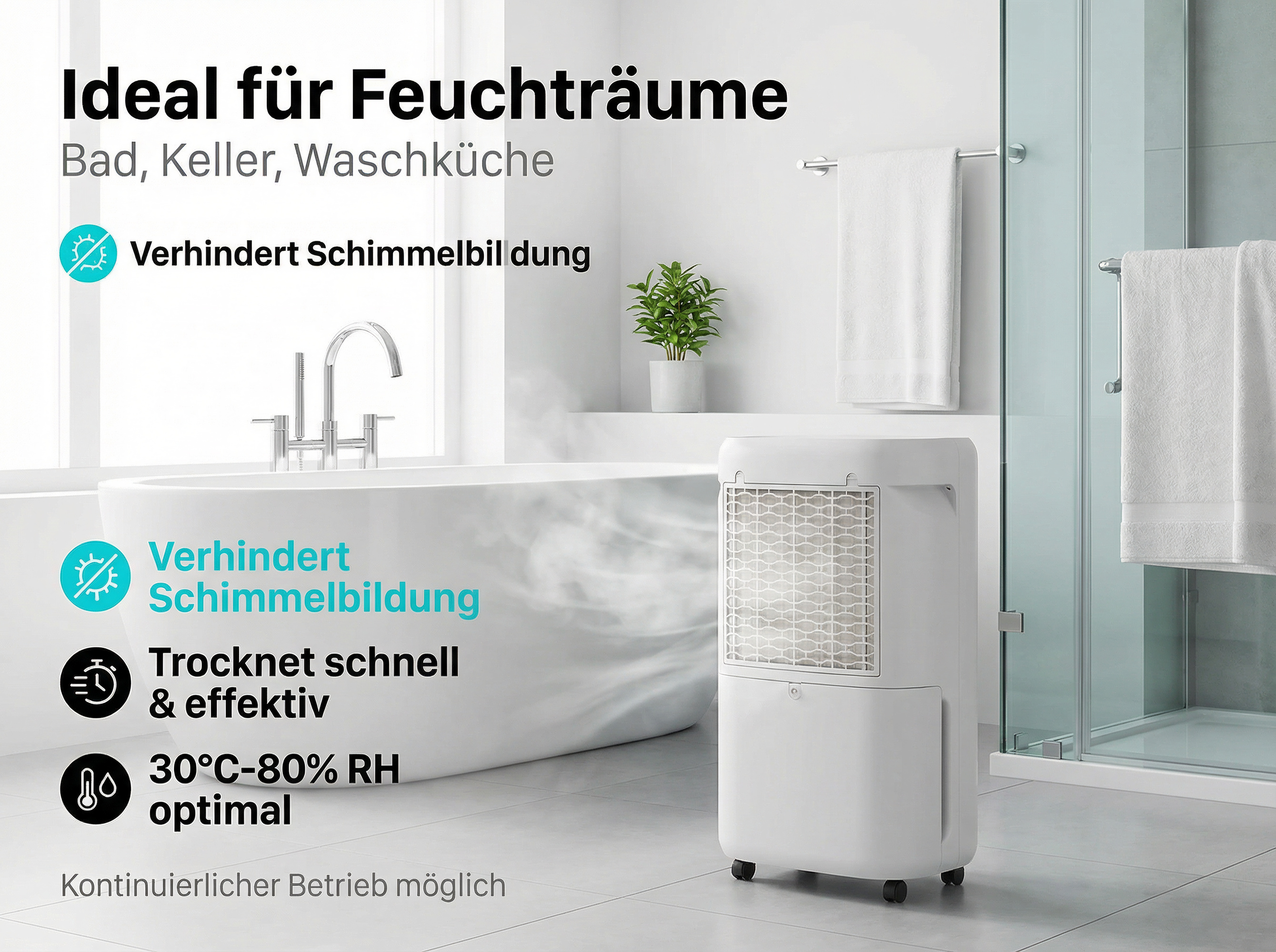 Ein weißer Luftentfeuchter steht neben einer Badewanne und einer Duschkabine.