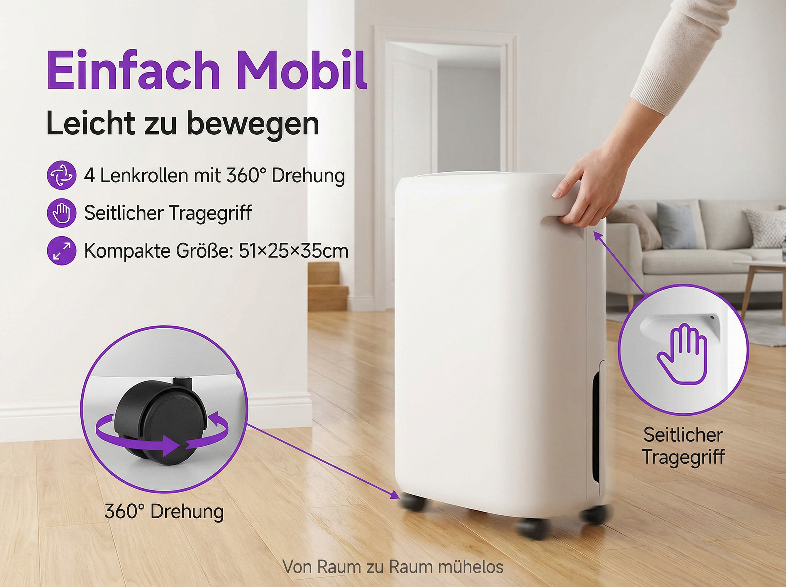 Ein weißer Luftentfeuchter mit Griffen und Rollen steht auf einem Holzboden.