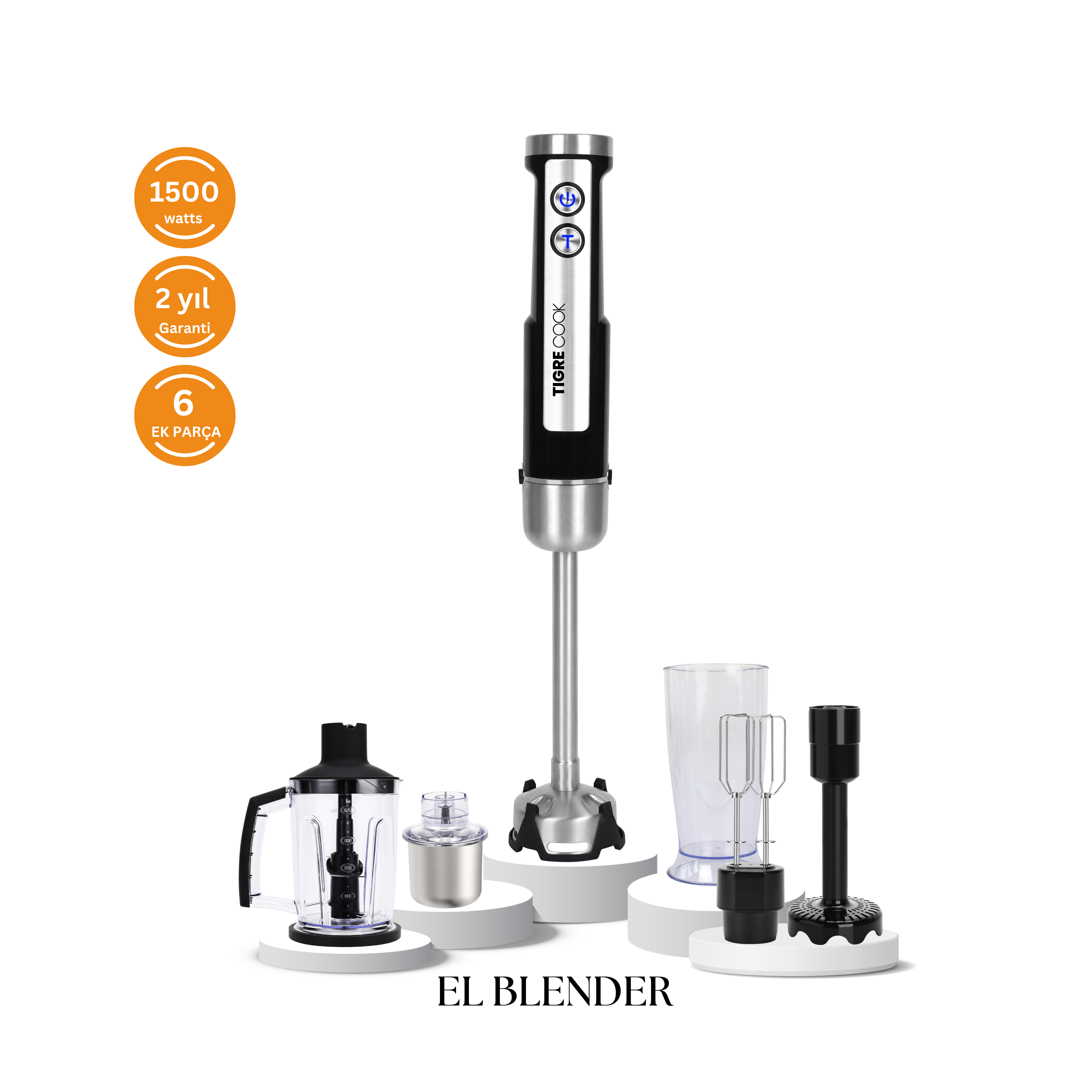 Aksesuarli el blender seti: blender, kap, doğrayıcı ve çırpıcı.