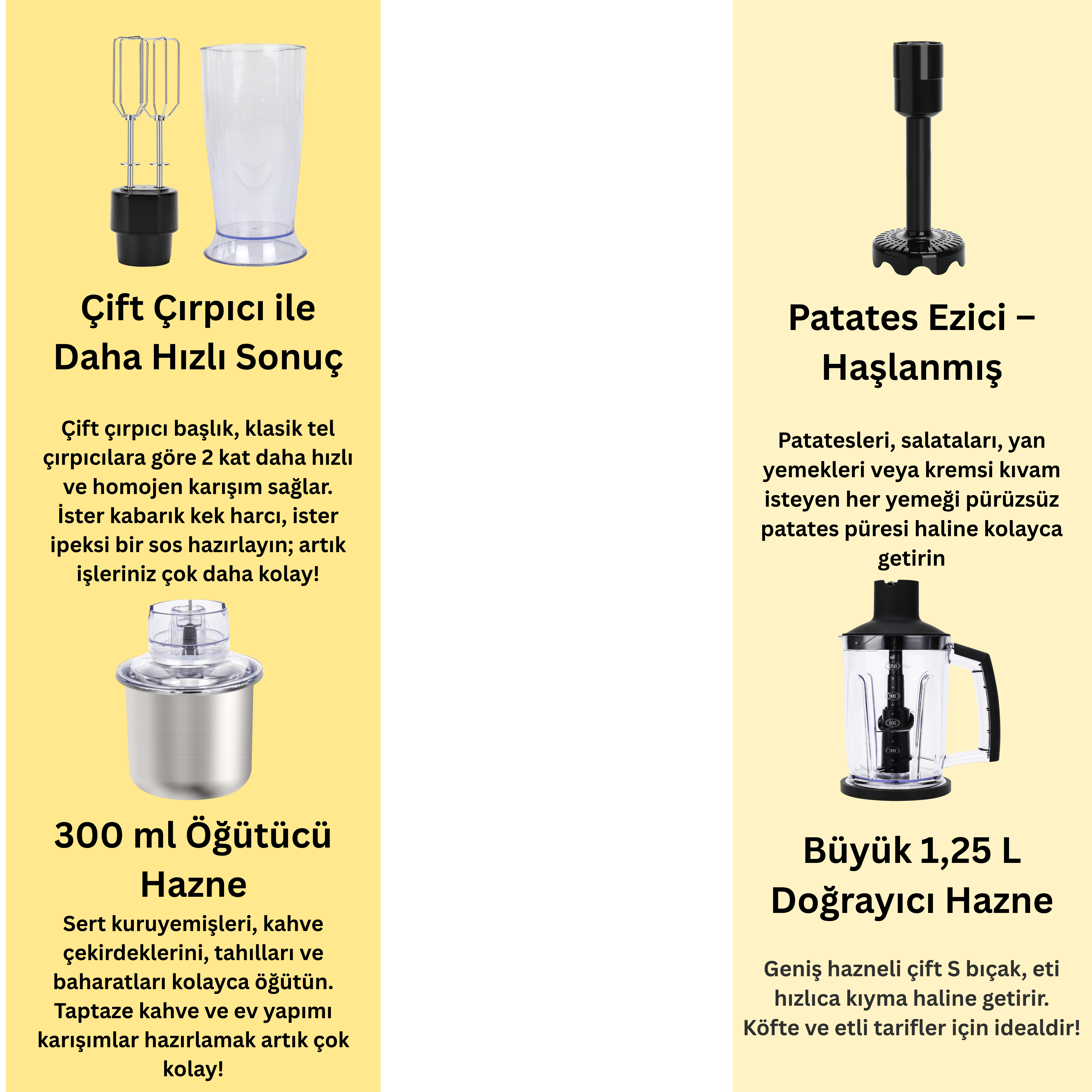 Çırpıcı aparatlı ve kapaklı el blenderı, bir daldırma blenderı ve bir doğrayıcı.