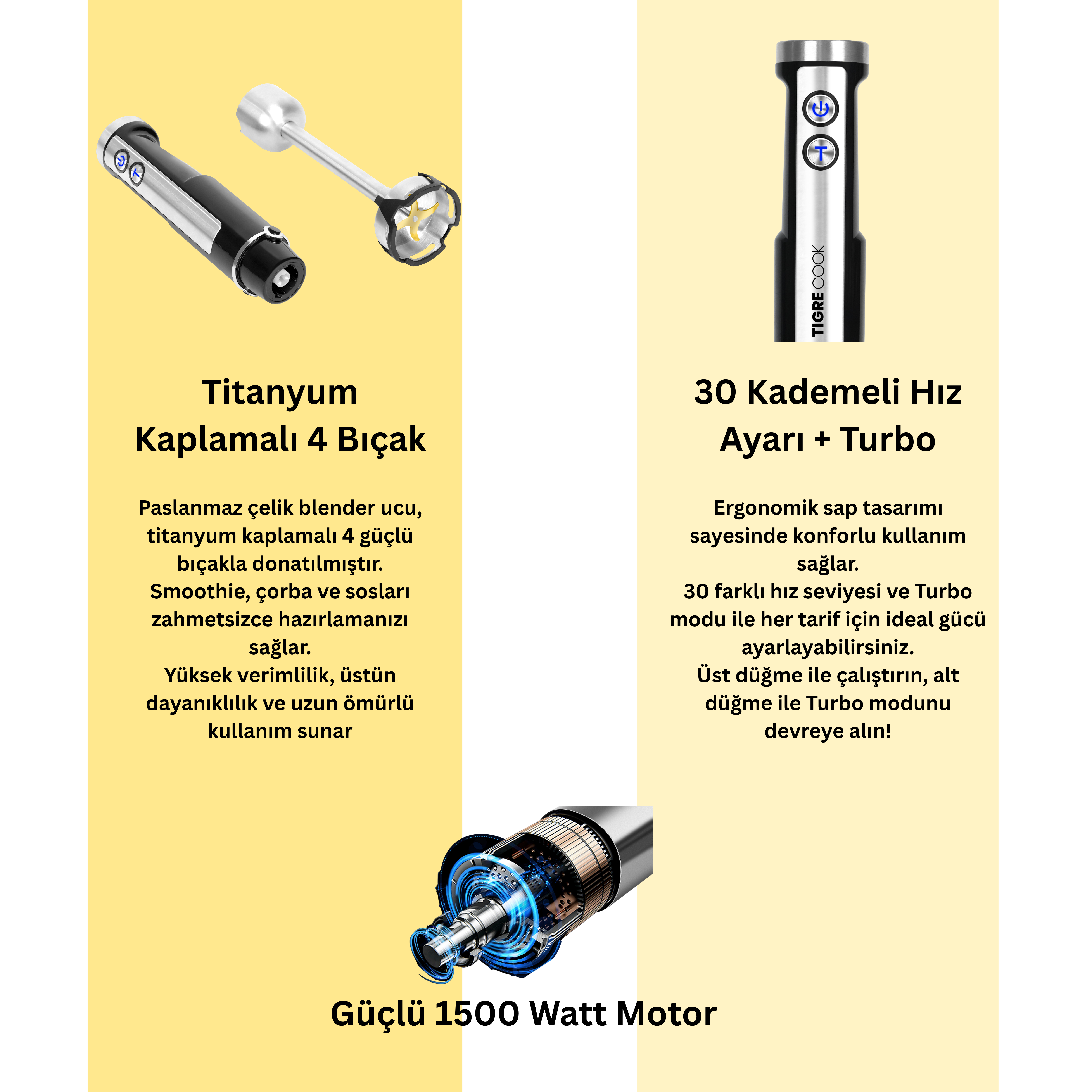 4 titanyum bıçaklı, 30 kademeli hız ayarlı ve 1500W motorlu el blenderı.