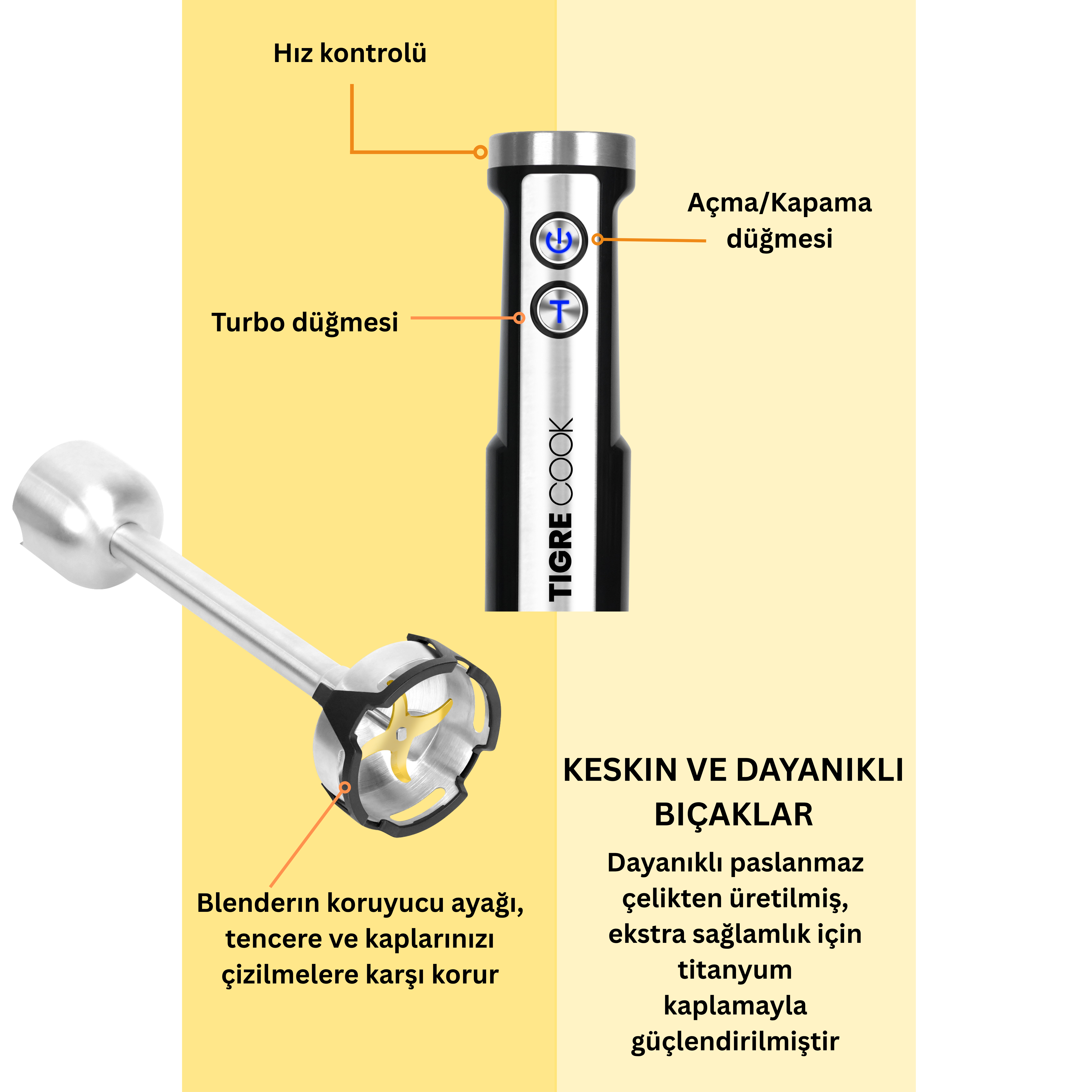 Metal ayaklı, kontrol düğmeli ve bıçaklı el blenderı.
