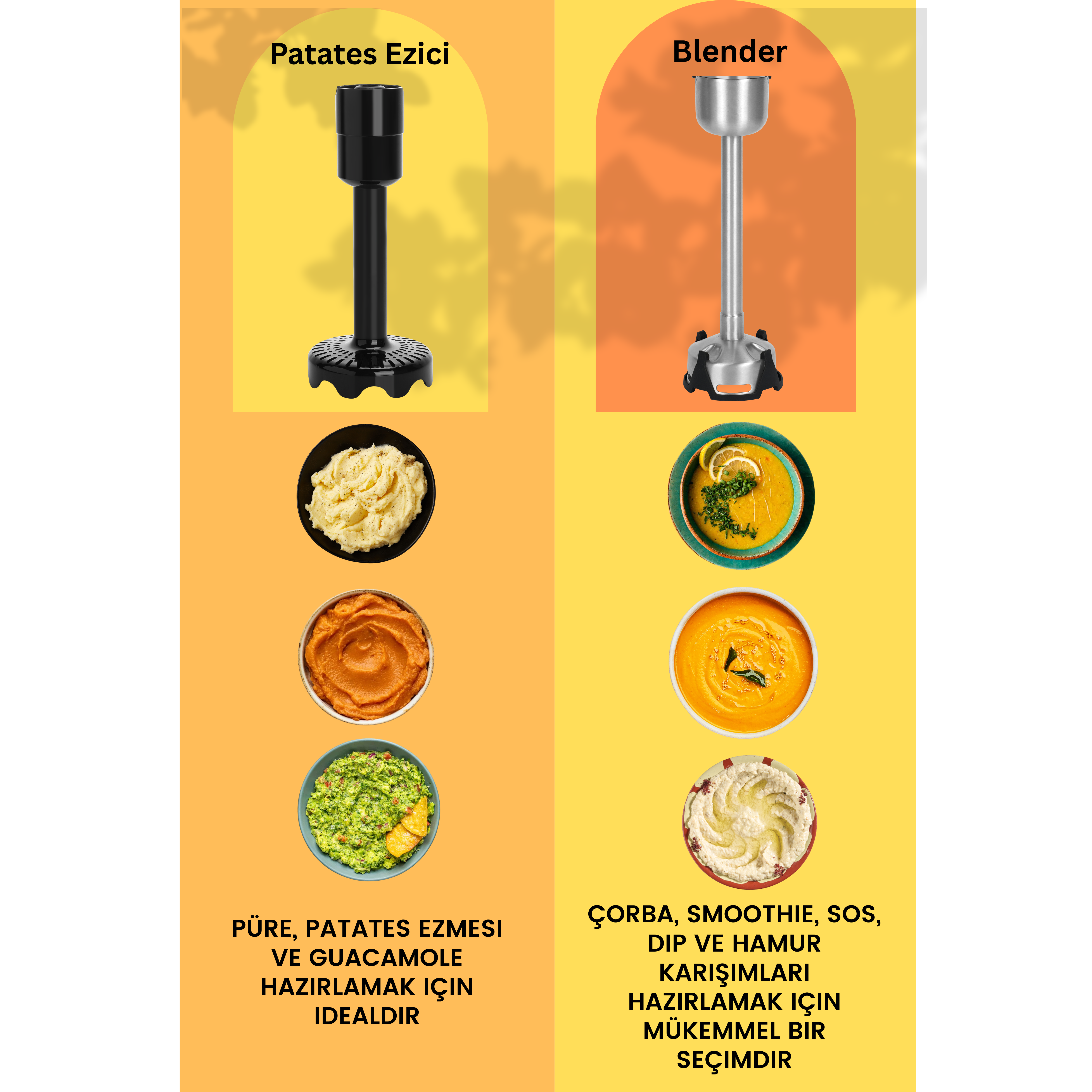 Patates ezici ve blenderli el blenderi, püreler ve çorba ile gösterilmiştir.