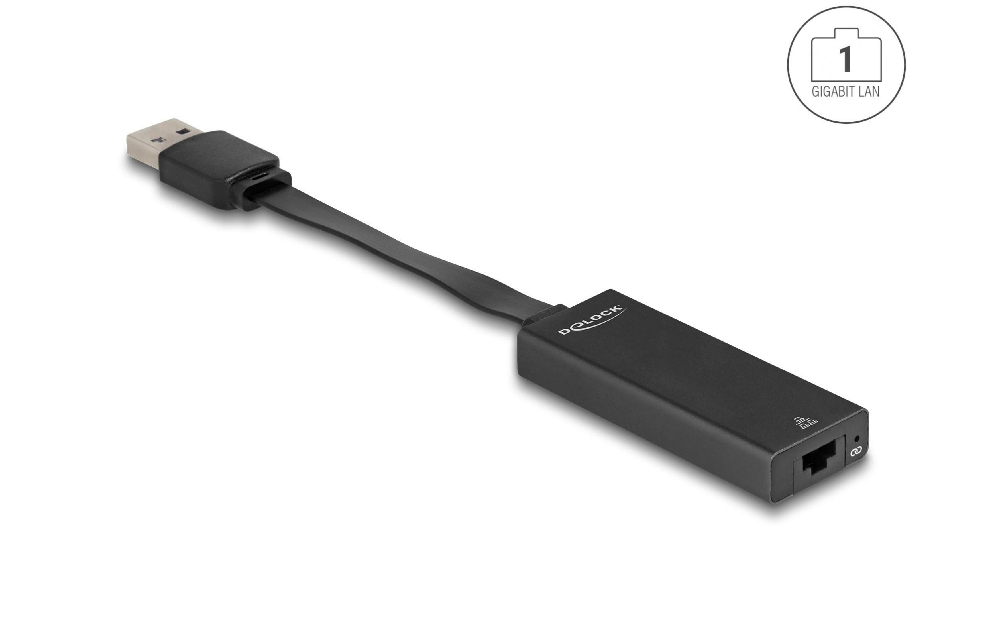 Adattatore USB a Gigabit LAN nero con spina USB e porta RJ45.