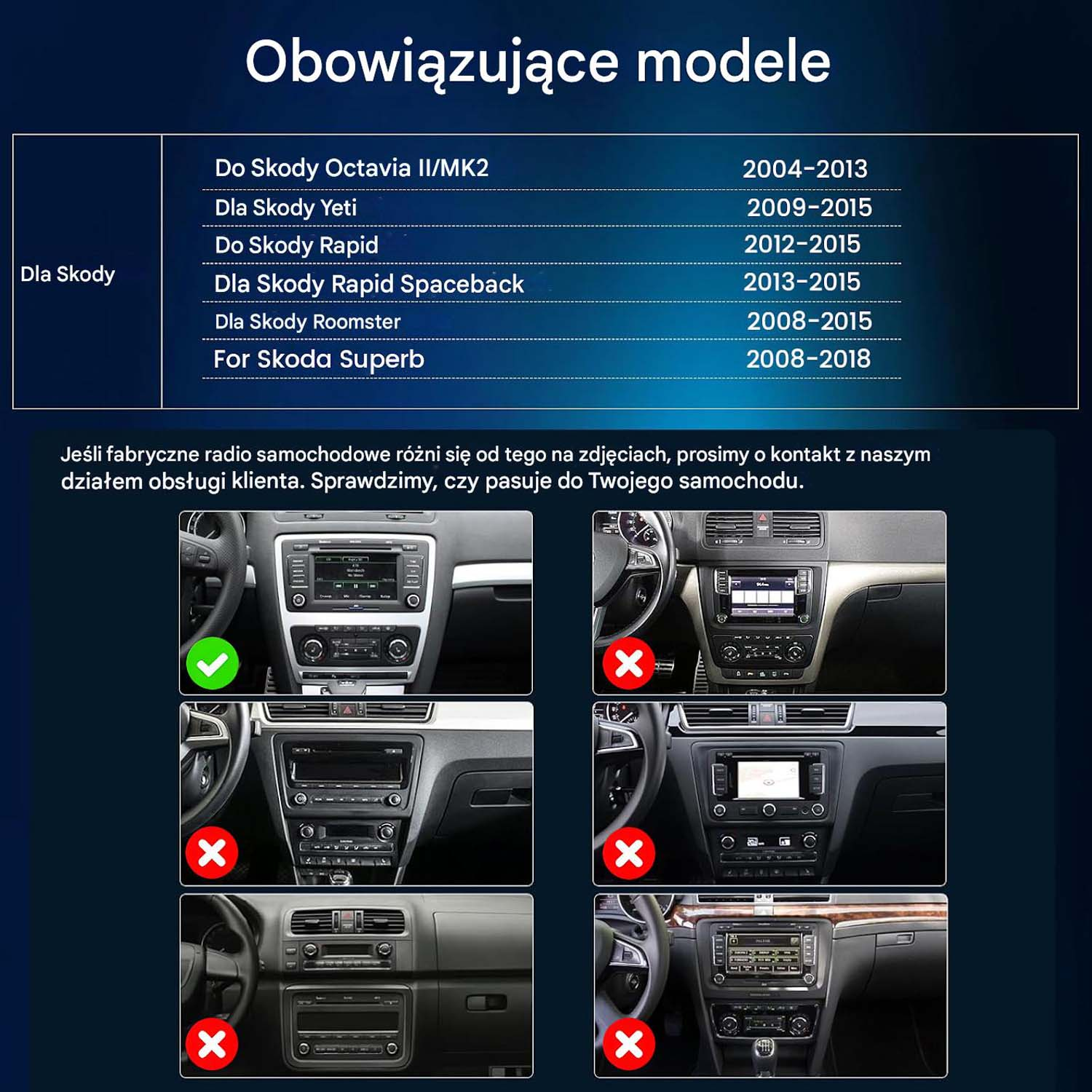 Modele Skody z rocznikami i przykładami radia. Zielony znacznik wskazuje zgodność.