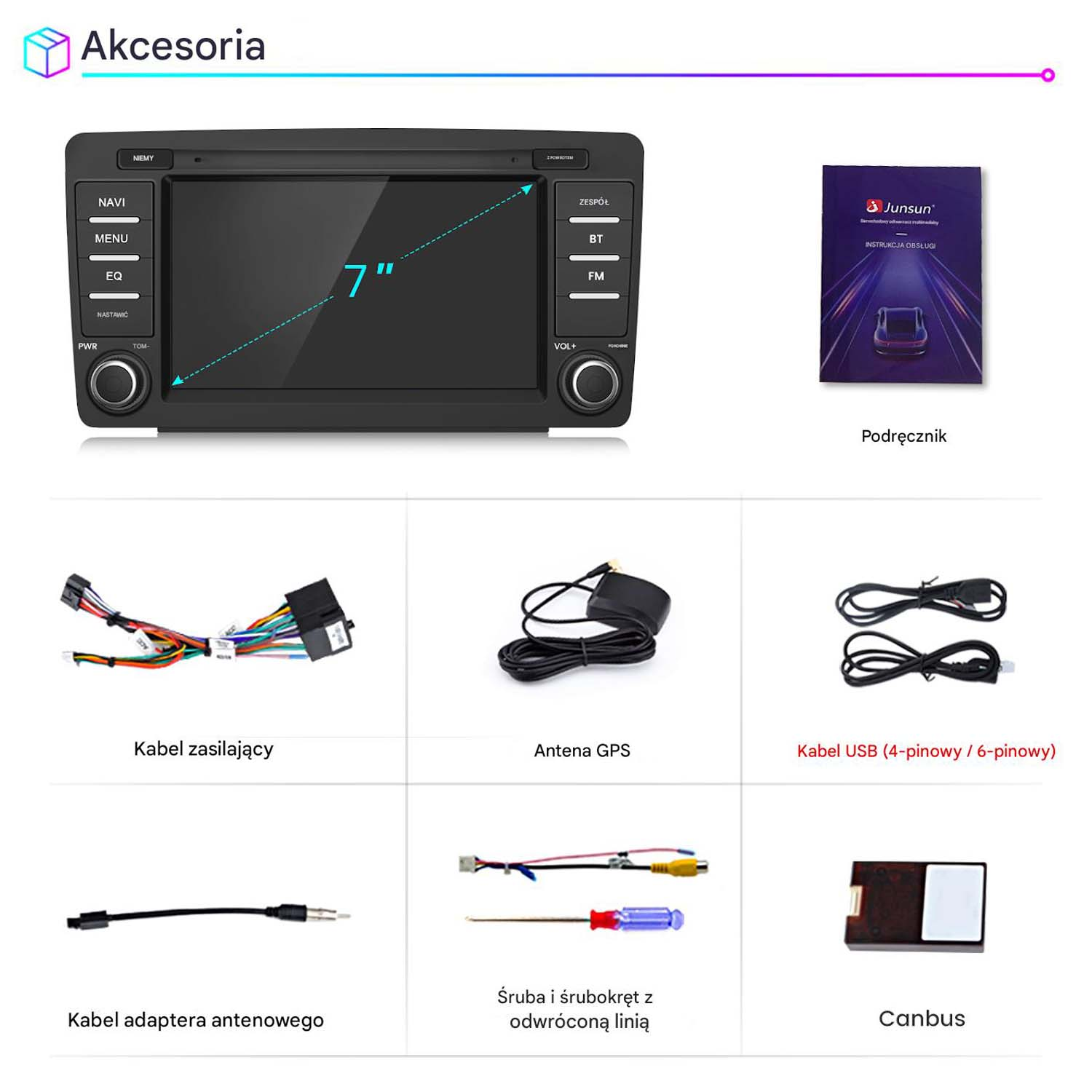 Akcesoria samochodowe: wyświetlacz 7", instrukcja, kabel zasilający, antena GPS, kabel USB, adapter antenowy, śruba, śrubokręt, Canbus.