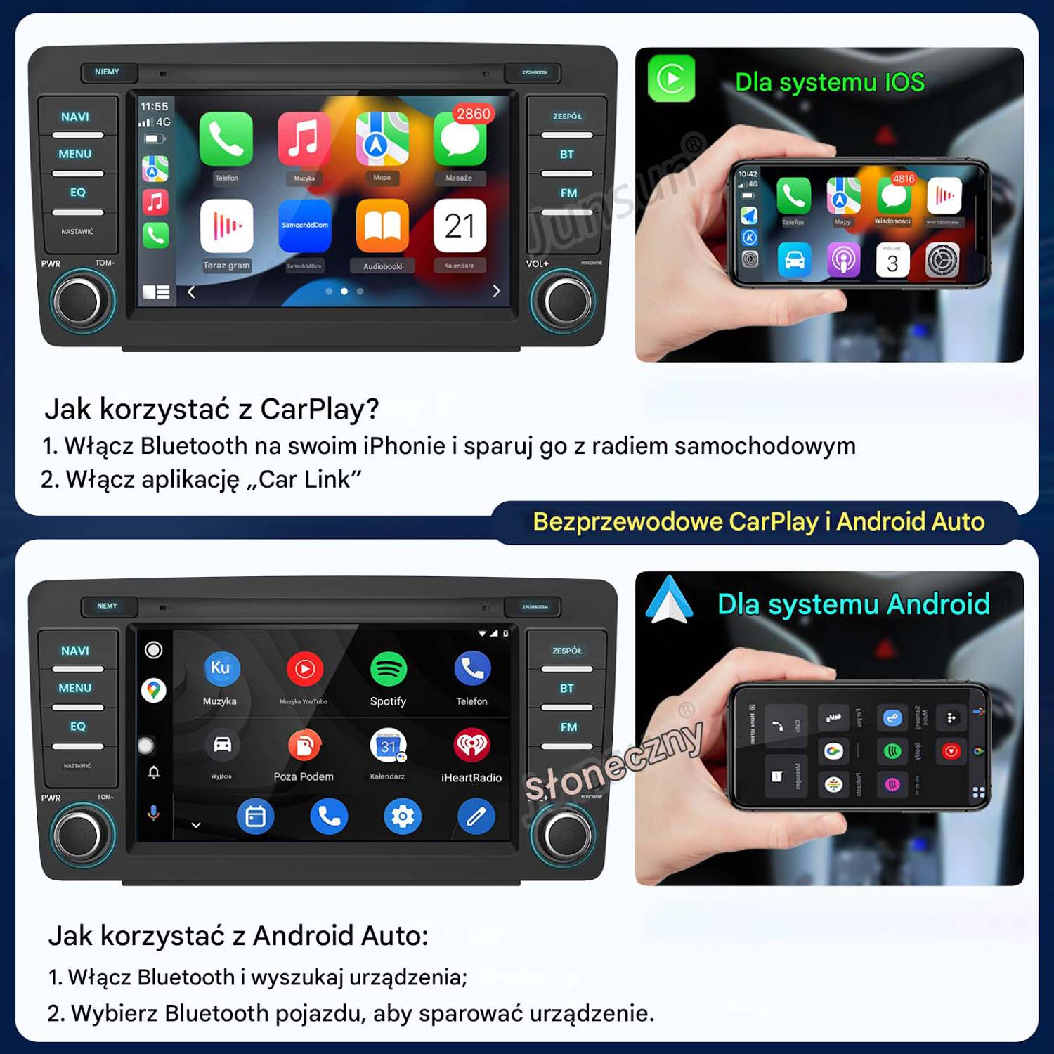 Infografika przedstawia CarPlay i Android Auto na radiach samochodowych. Połączone urządzenia iPhone i Android.