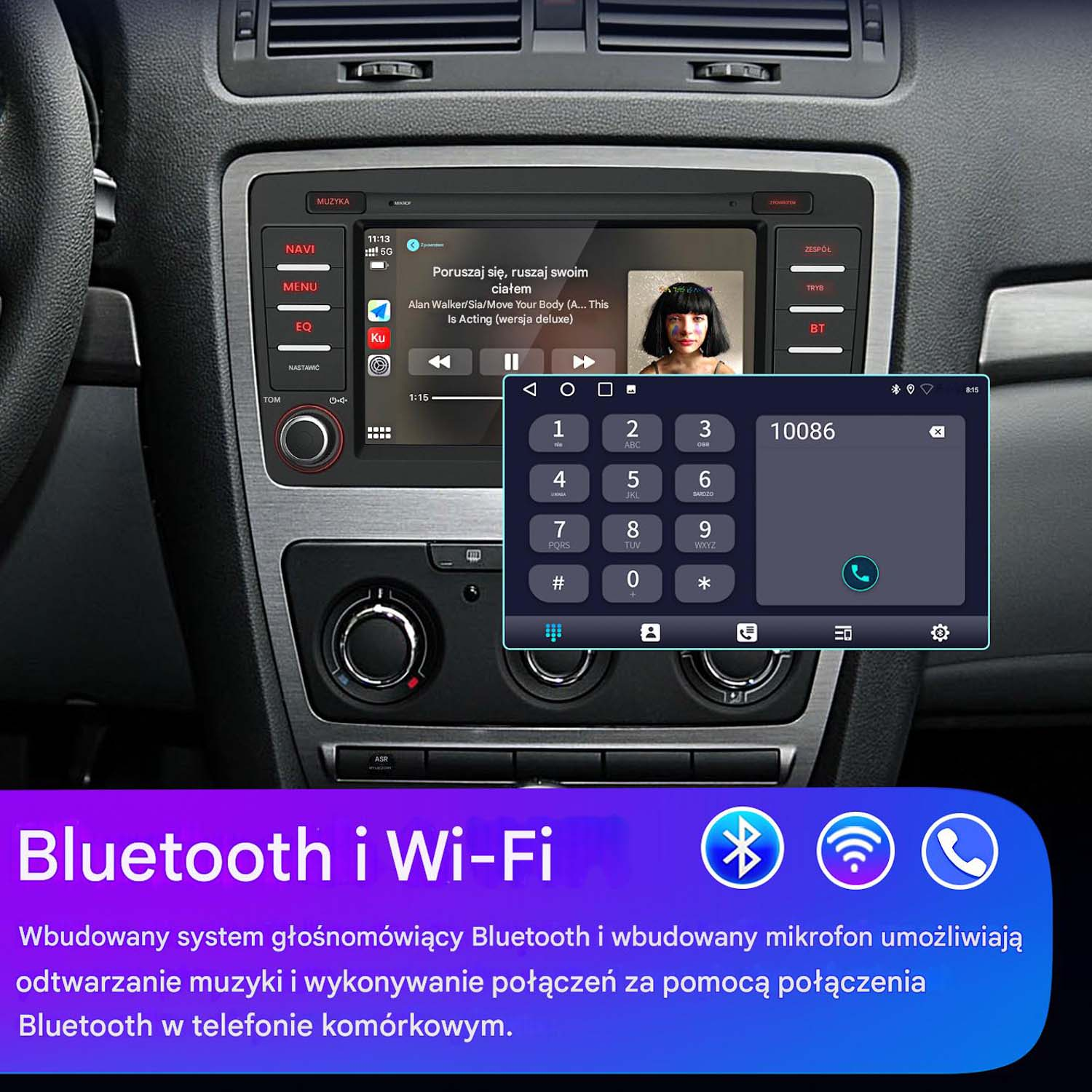 Ekran radia samochodowego pokazuje muzykę i klawiaturę. Poniżej tekst "Bluetooth i Wi-Fi".