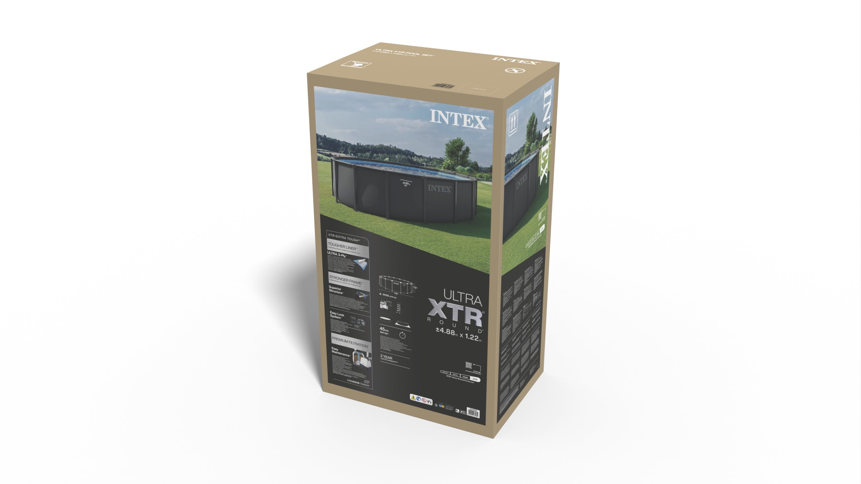 Pudełko na zestaw basenu Intex Ultra XTR Round, 4,88m x 1,22m. Zawiera wytrzymałą powłokę, mocną ramę, łatwy montaż.