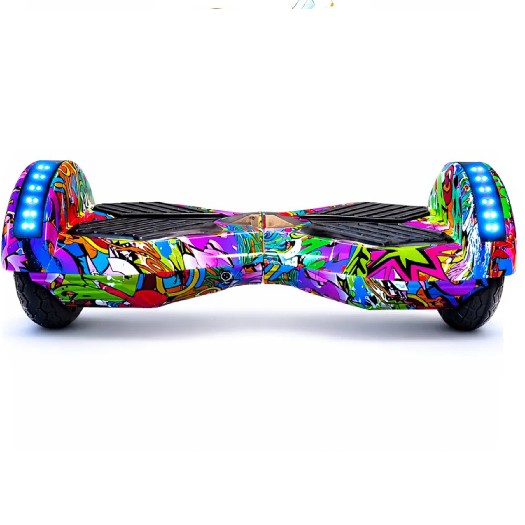 Renkli grafiti boyalı, mavi ışıklı bir hoverboard.