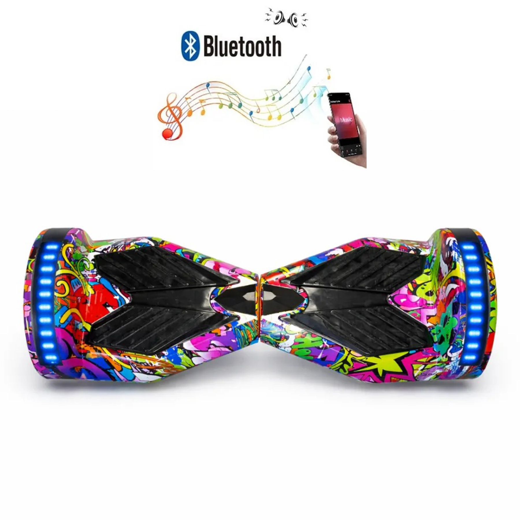 Graffiti tasarımlı, mavi ışıklı rengarenk hoverboard.