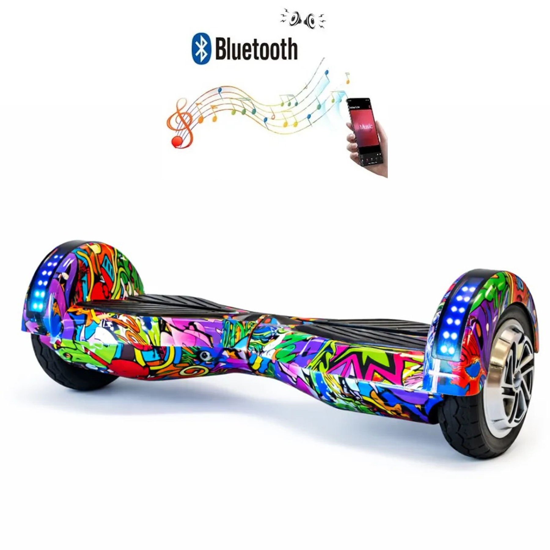 Graffiti tasarımlı, ışıklı tekerleklere sahip renkli hoverboard.