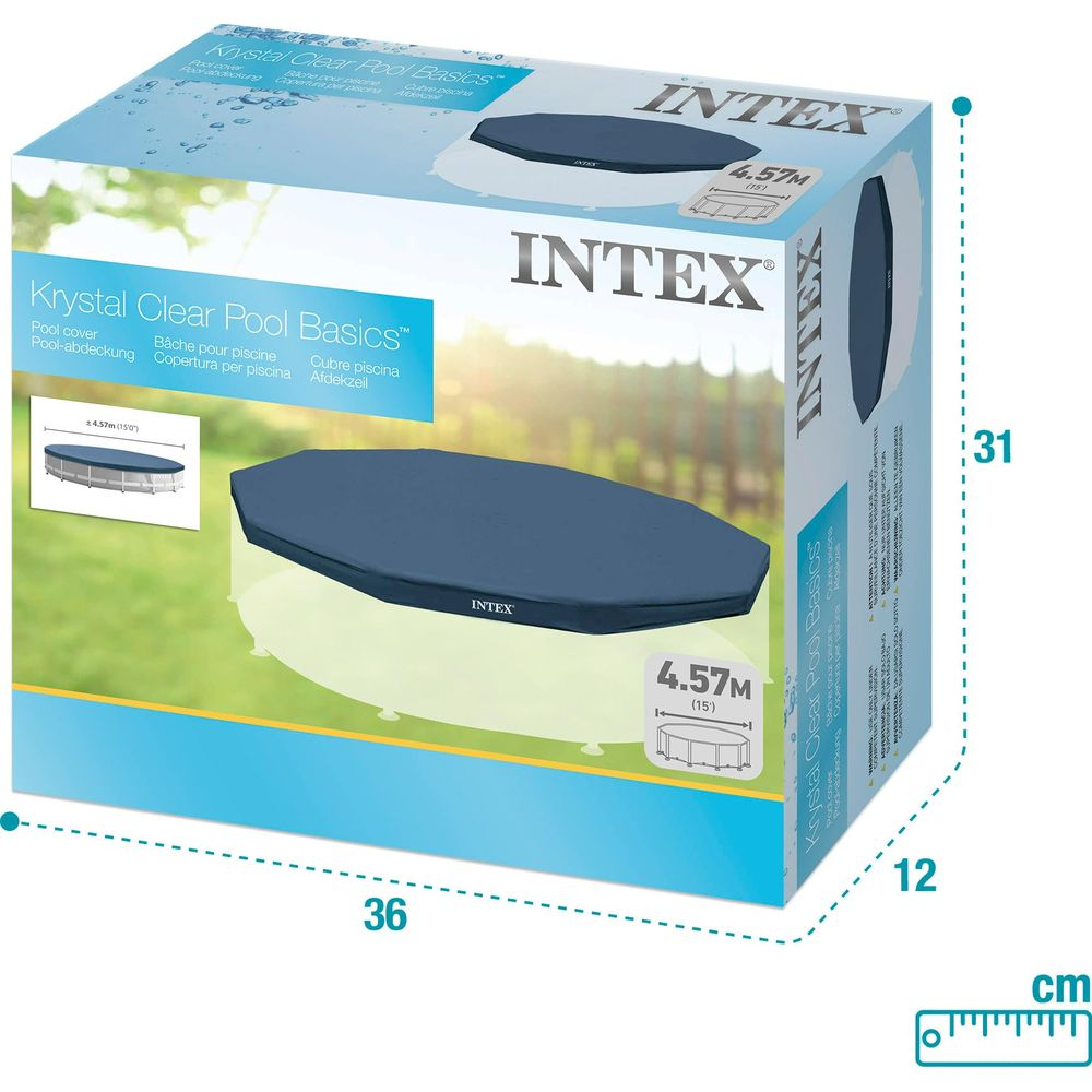 Pudełko Intex Krystal Clear Pool Basics z niebieską plandeką na basen, rozmiar 4,57m.