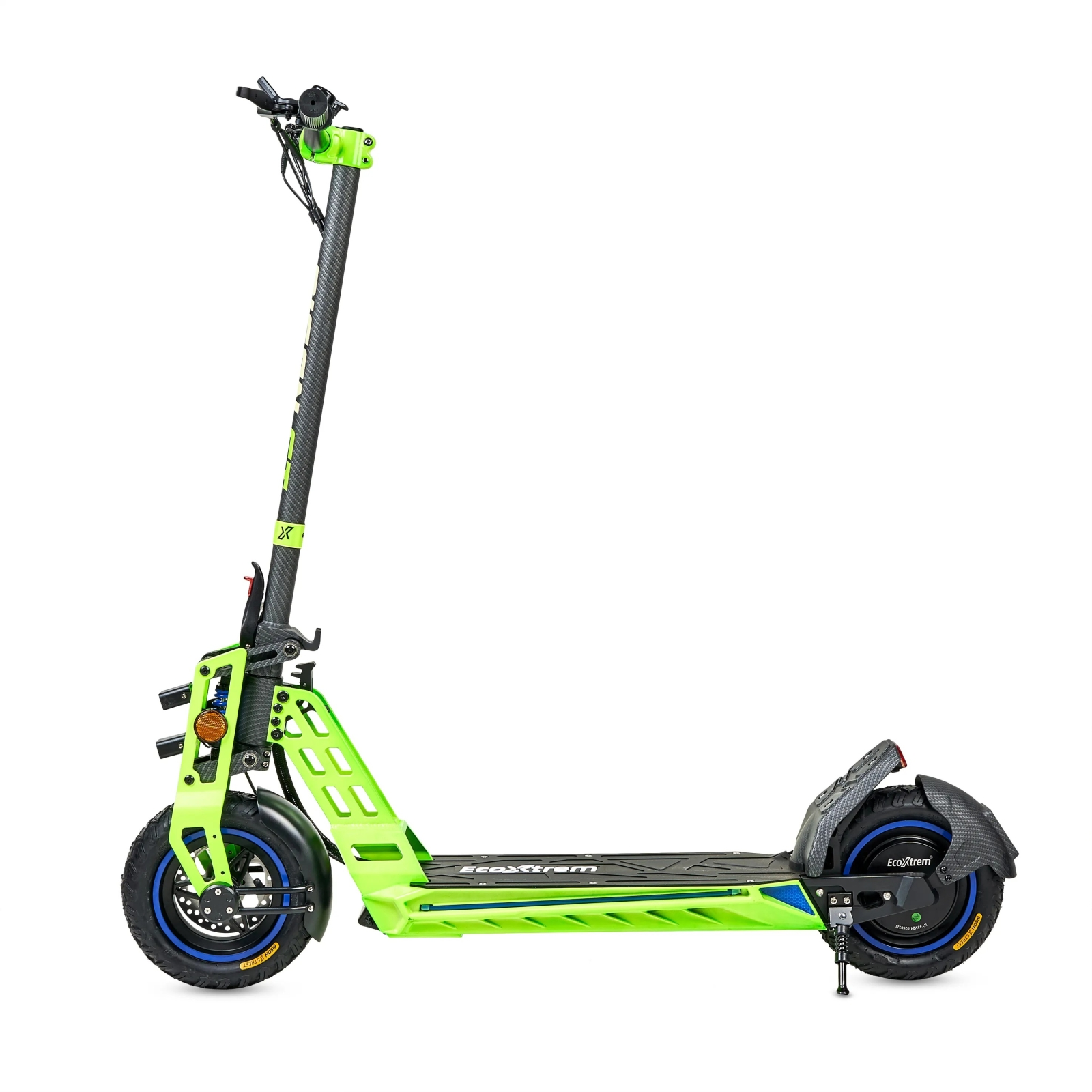 Un patinete eléctrico verde brillante con manillar y neumáticos negros.