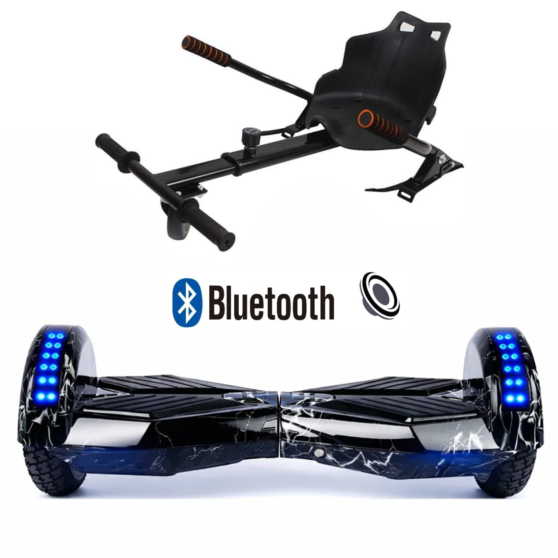 Siyah hoverboard koltuk aparatı ve mavi ışıklı, Bluetooth logolu hoverboard.