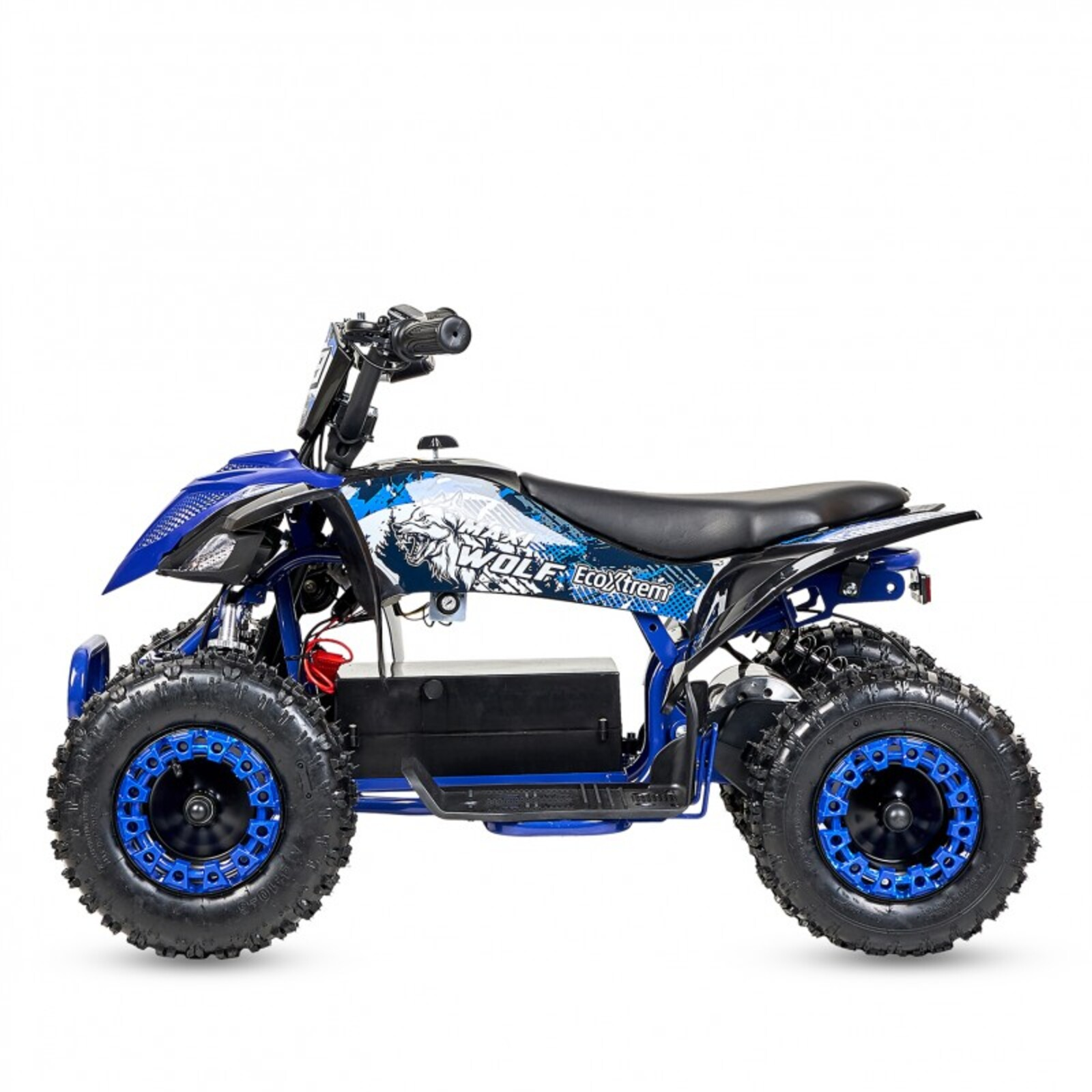 Quad eléctrico azul con gráficos de lobo, neumáticos grandes y asiento negro.