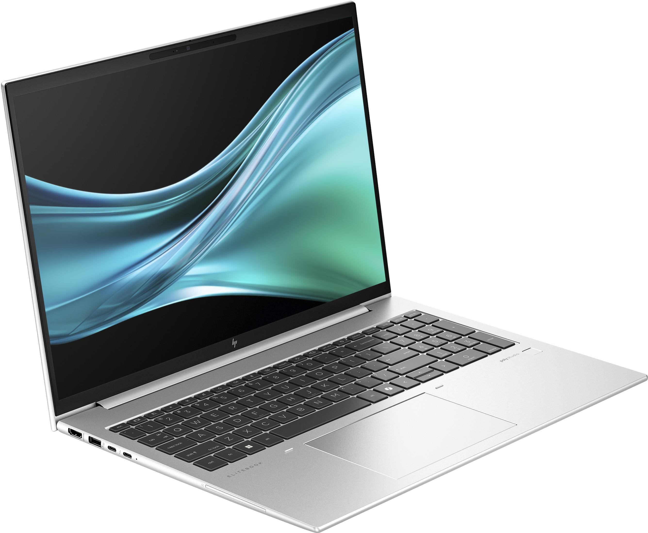 Srebrny laptop HP Elitebook, otwarty, pokazujący klawiaturę i ekran ze sztuką abstrakcyjną.