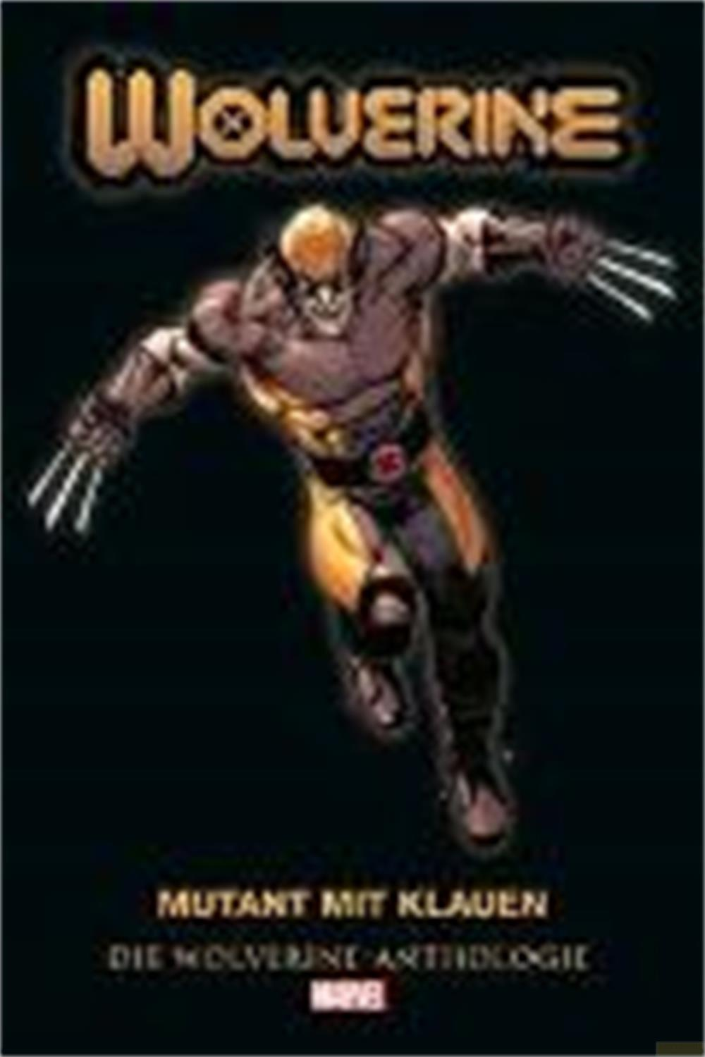 Wolverine mit Klauen, auf schwarzem Hintergrund. Text unten.