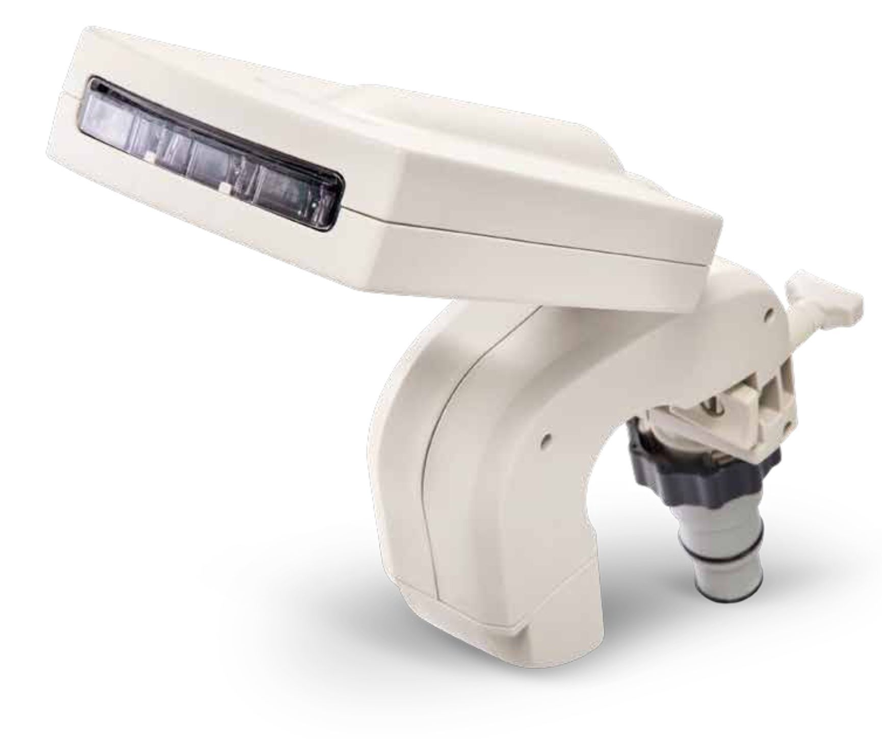 Beżowe urządzenie techniczne ze światłami i złączem.