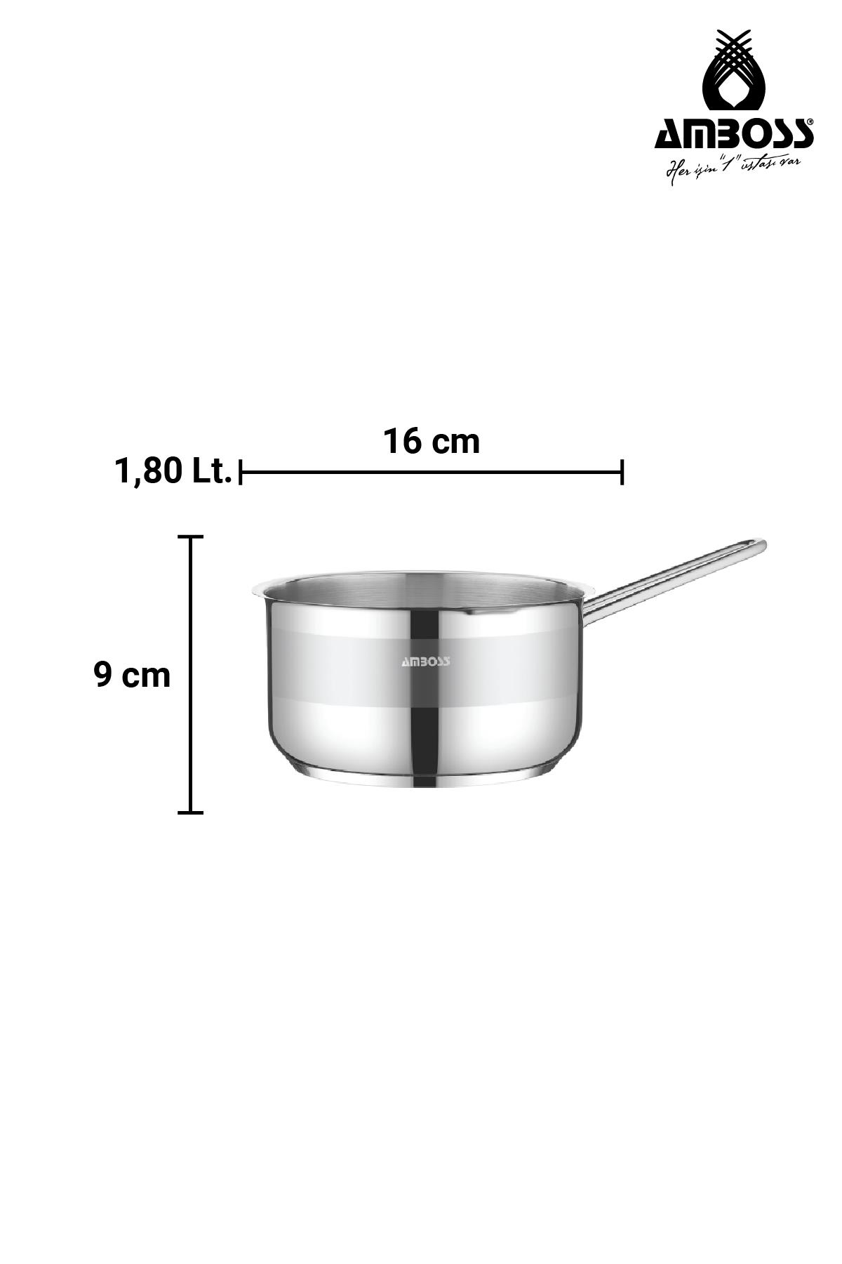 Parlak paslanmaz çelik tencere, 16cm genişlik, 9cm yükseklik, 1,80L hacim.