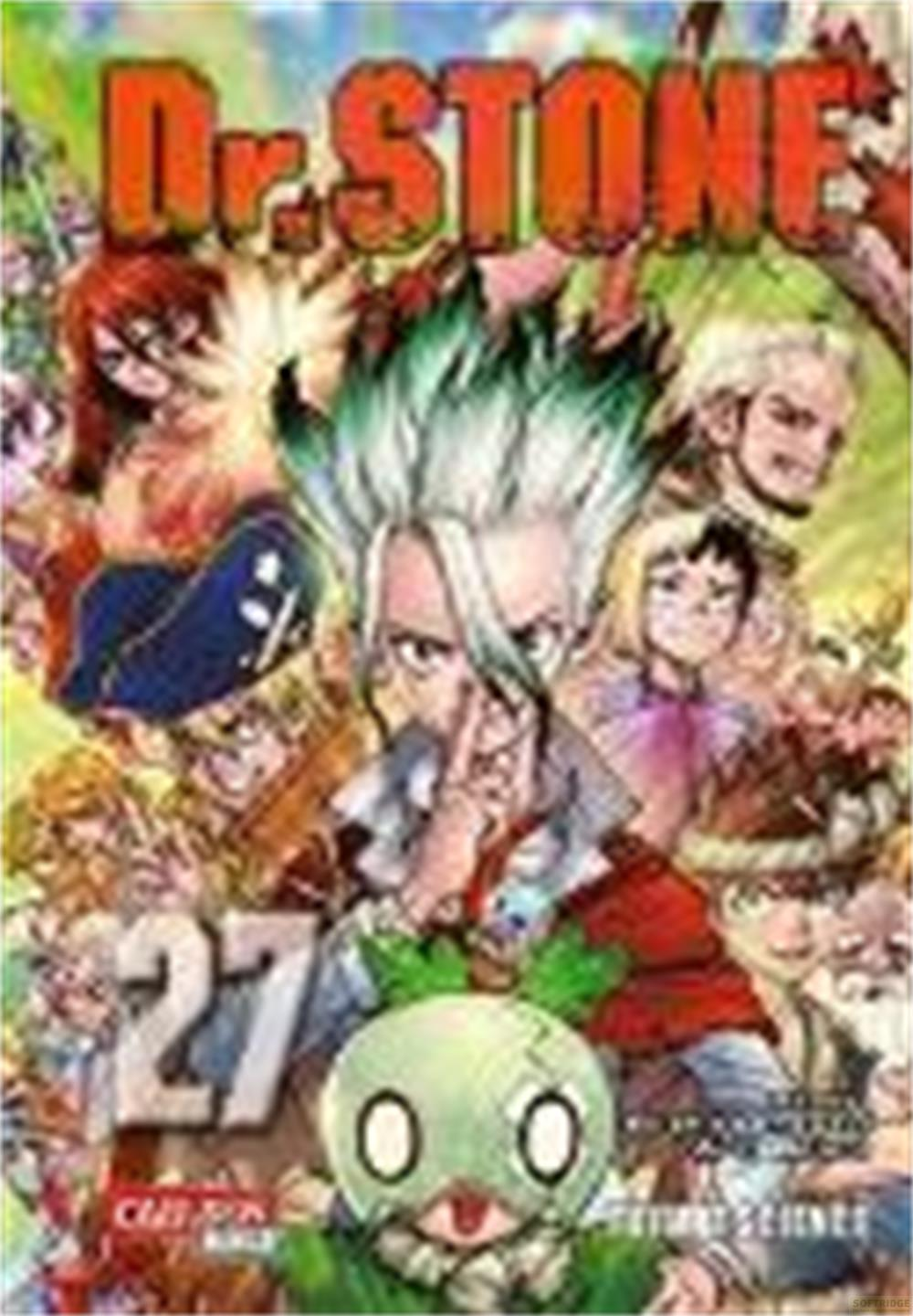 Copertina manga Dr. STONE Volume 27 con Senku e molti personaggi.