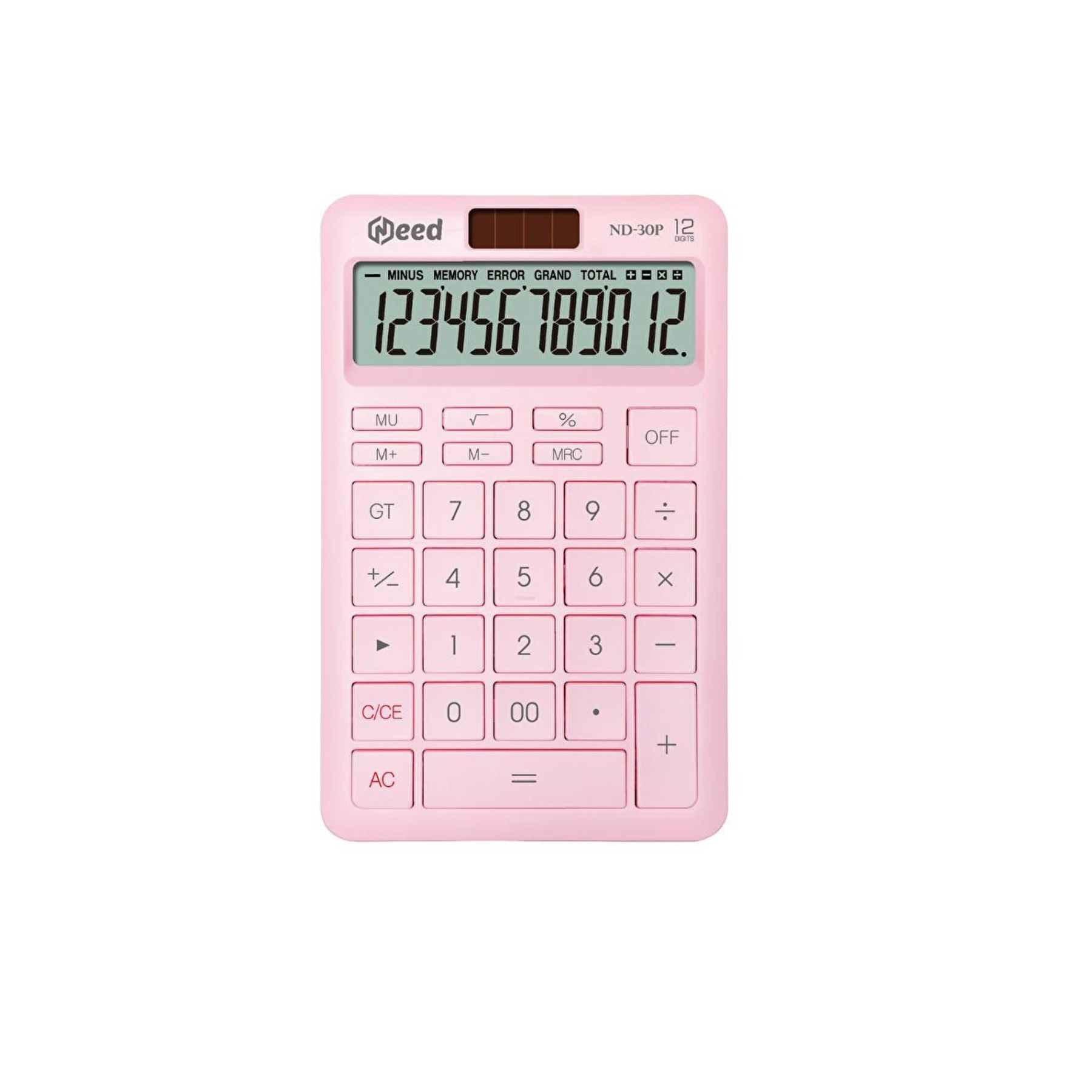LCD ekrana ve sayı tuşlarına sahip pembe bir hesap makinesi.