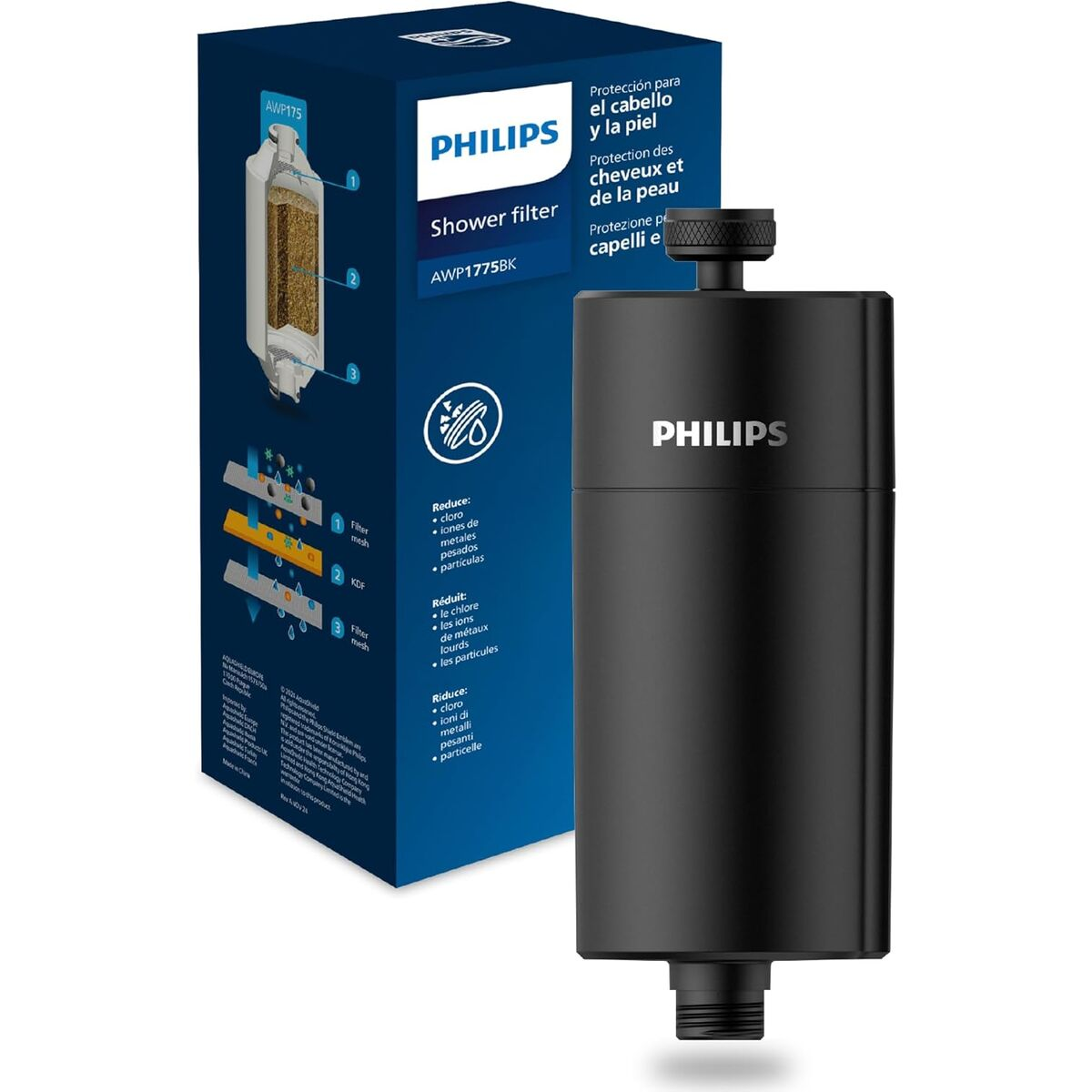 Eine schwarze Philips Duschfilterpatrone neben einer Produktverpackung mit Diagrammen.