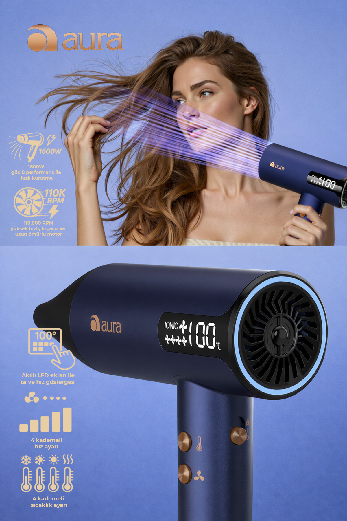 Bir kadın, 100°C gösteren LED ekrana sahip mavi bir saç kurutma makinesi kullanıyor.