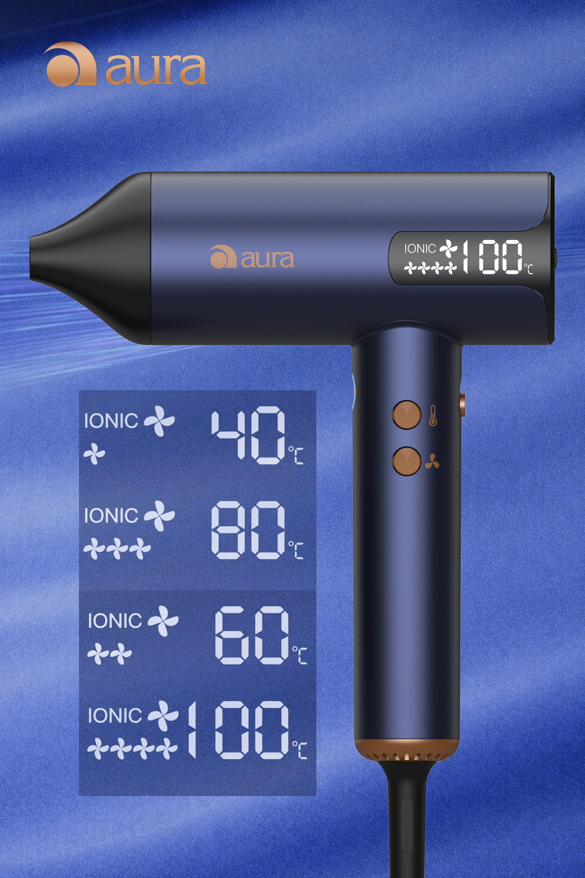 40-100°C gösteren dijital ekranlı lacivert saç kurutma makinesi.